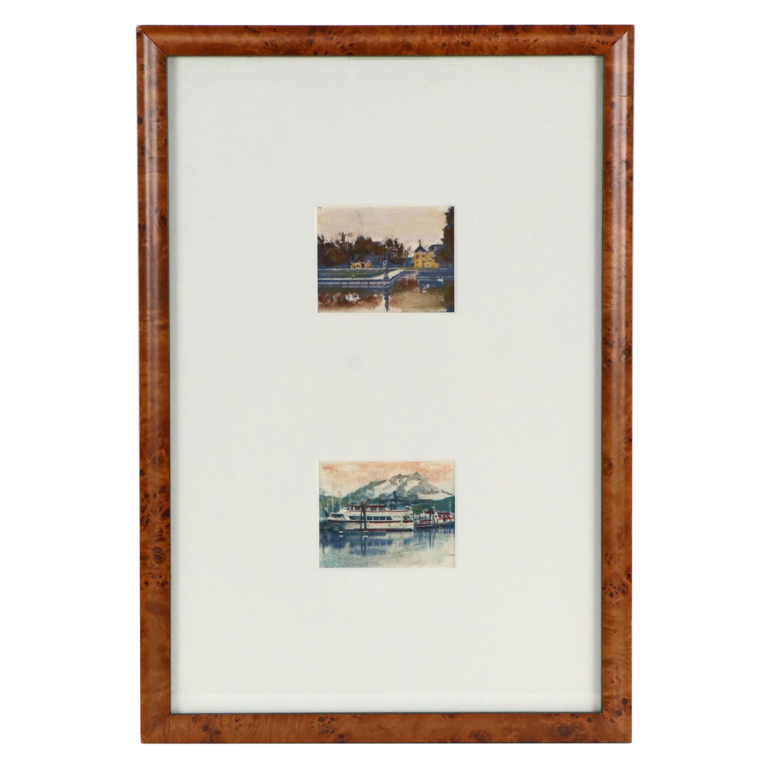 Landscape Watercolor Paintings of Port Scene and Waterside Park