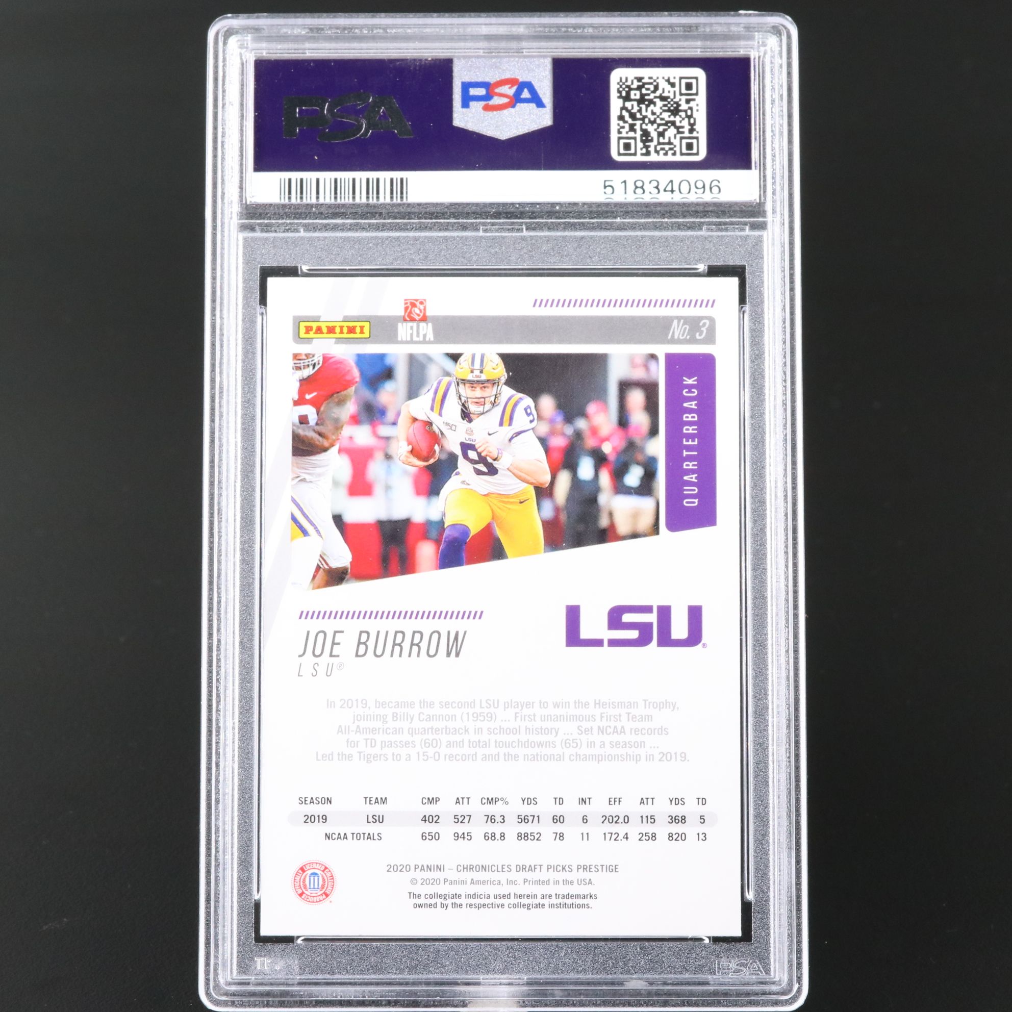 2020 Chronicles Draft Picks Joe Burrow Prestige Rookie Card Graded PSA 10