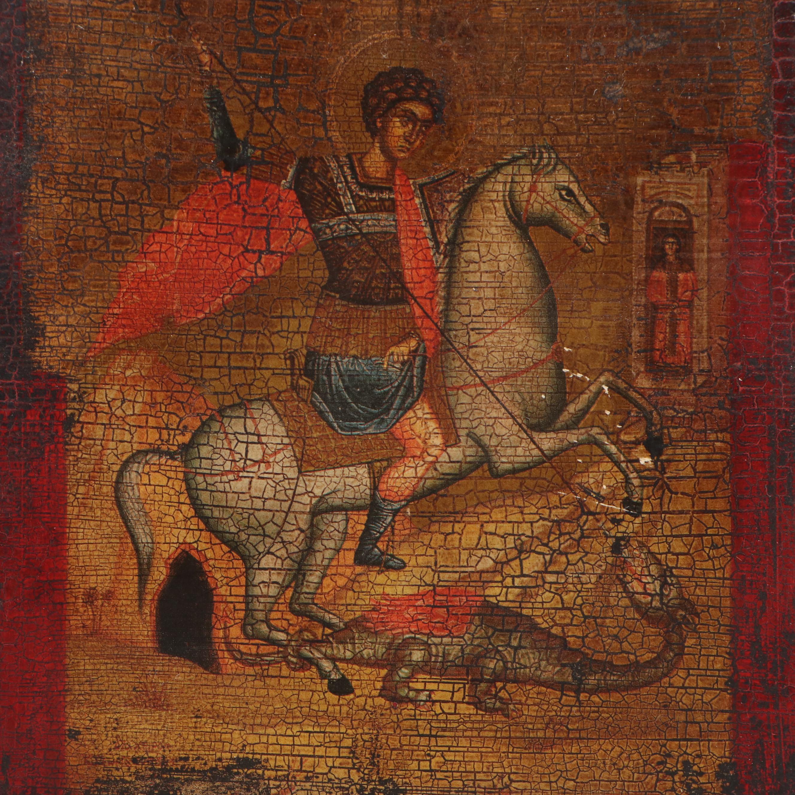 Russian St. George the Victorious Gilt Wood Polychrome Icon