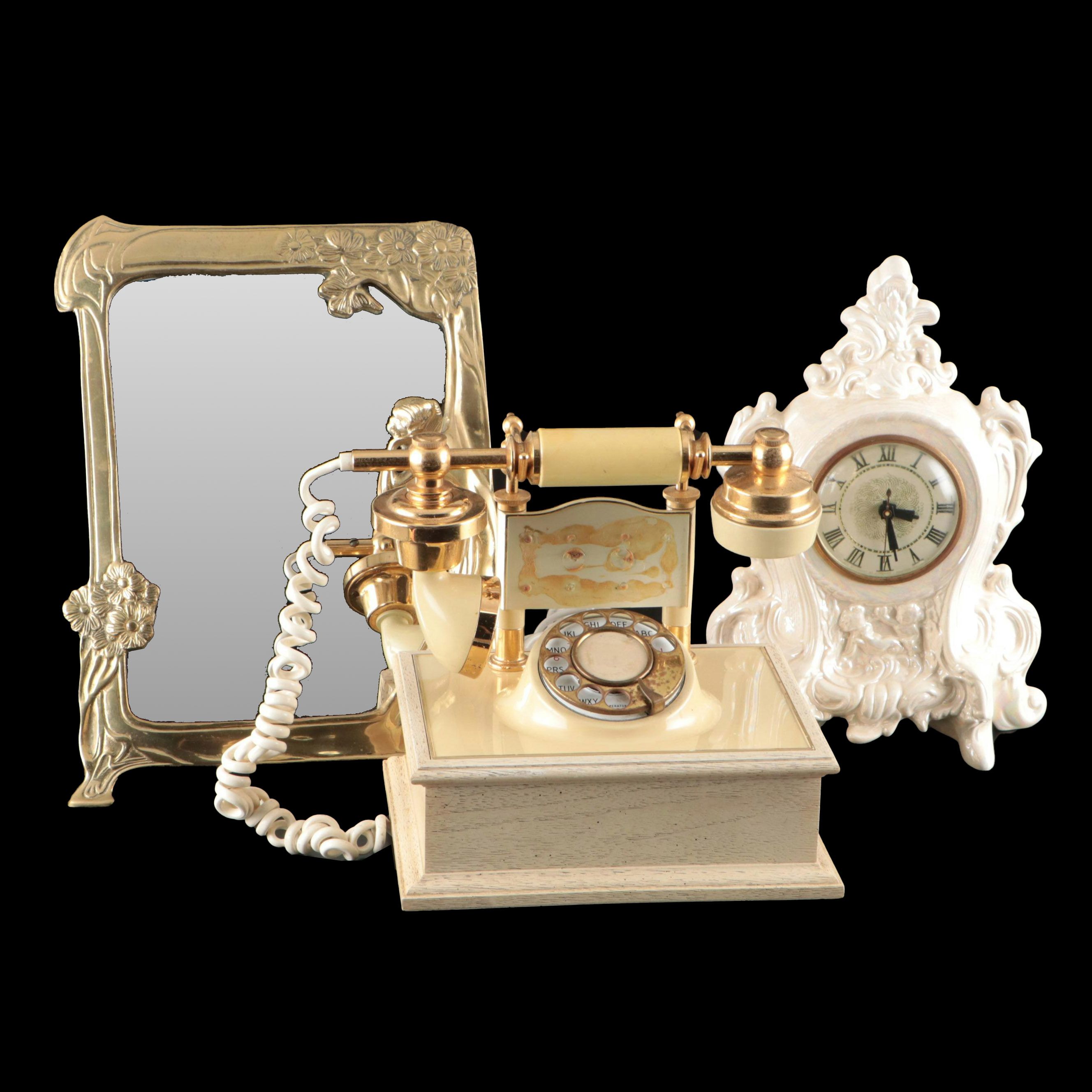 Art Nouveau Style Brass Vanity Mirror, Deco-Tel Rotary Phone, and Lanshire Clock