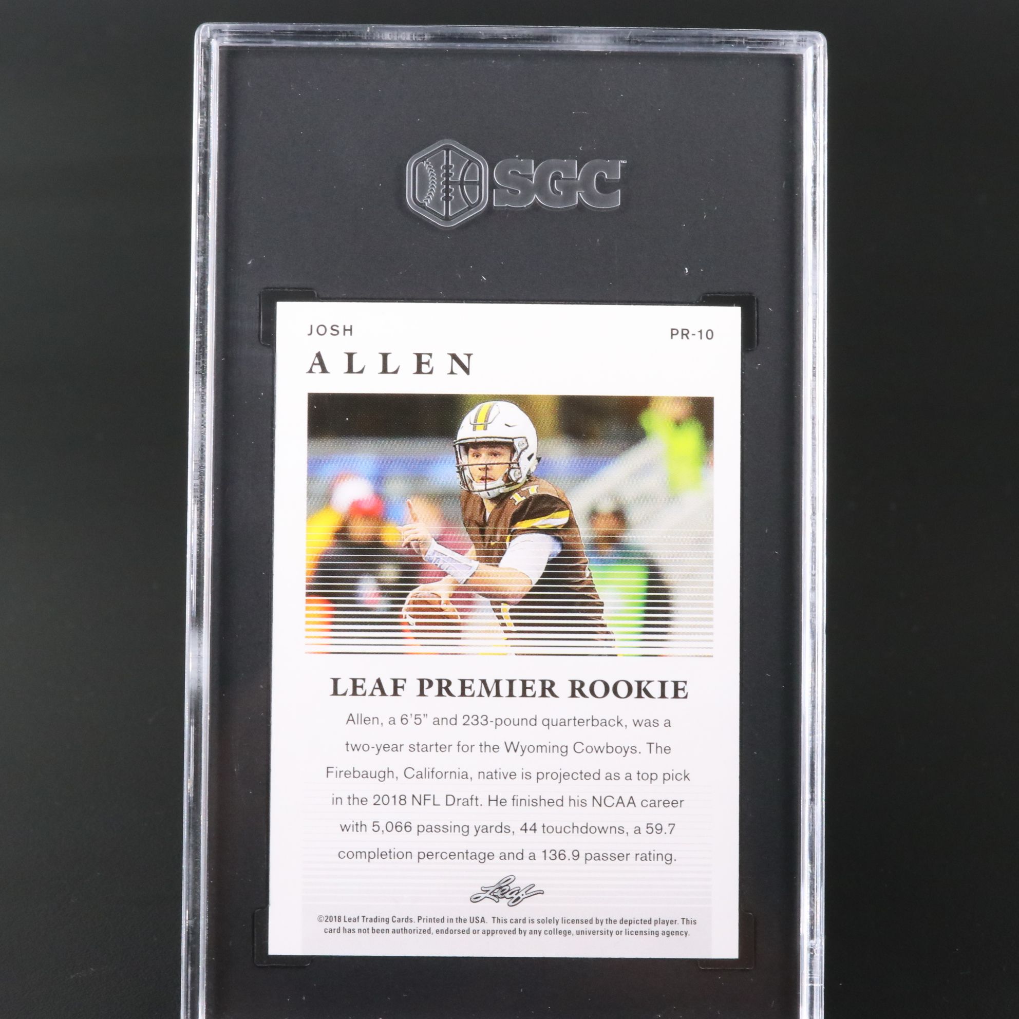 2018 Leaf Josh Allen Premier Rookie Football Card Graded SGC 10