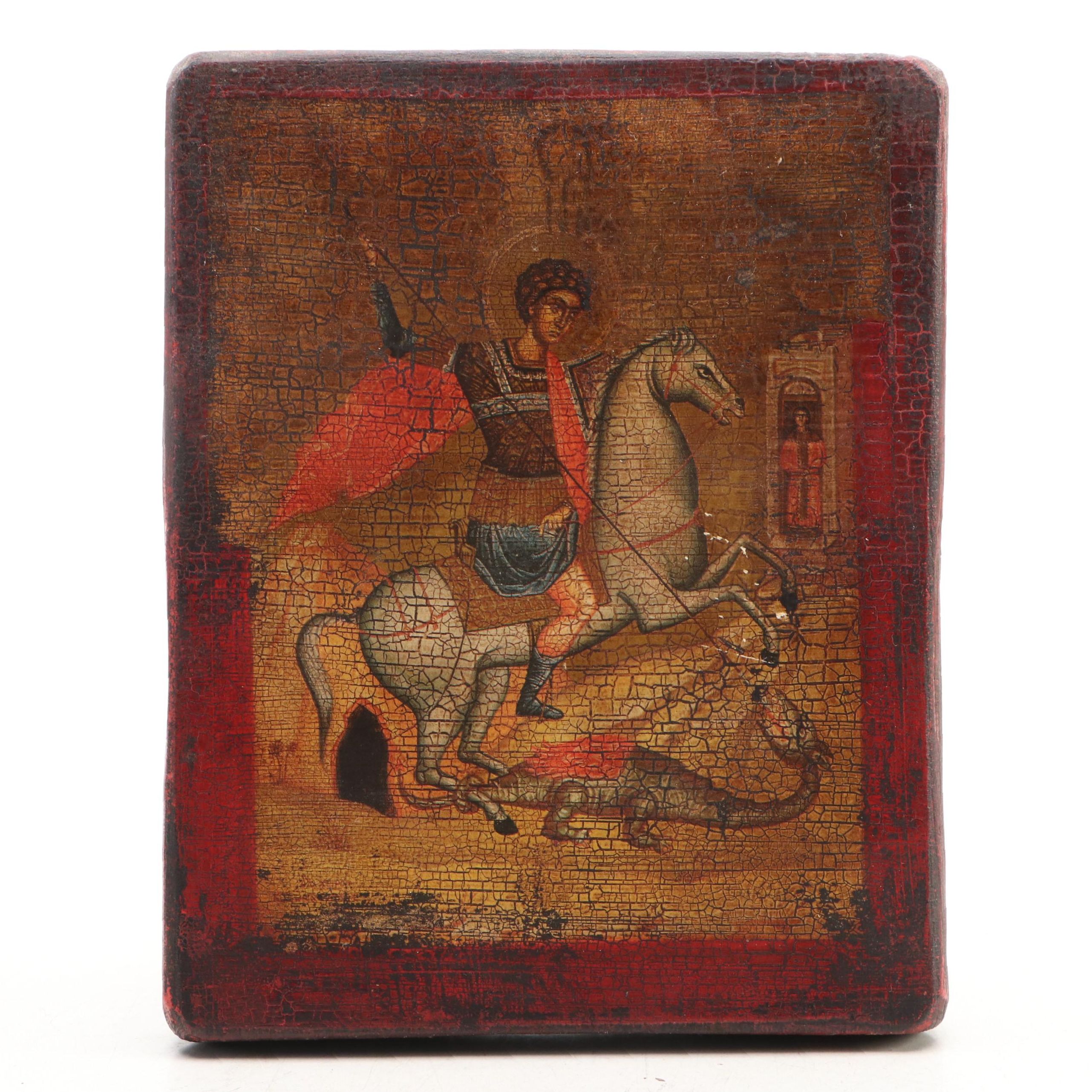 Russian St. George the Victorious Gilt Wood Polychrome Icon