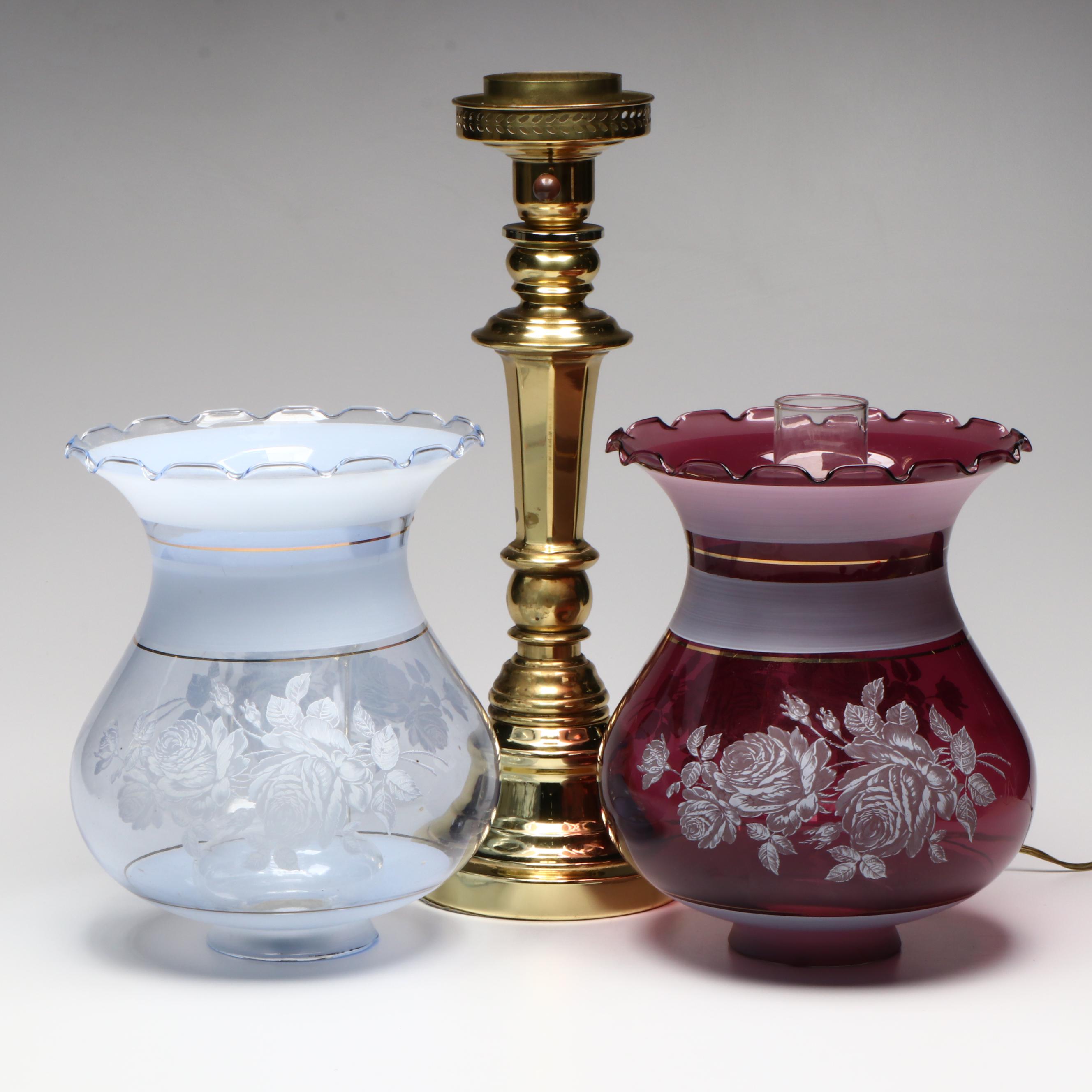 Brass Torchiere Table Lamp with Pair of Etched and Satin Glass  Ruffled Shades