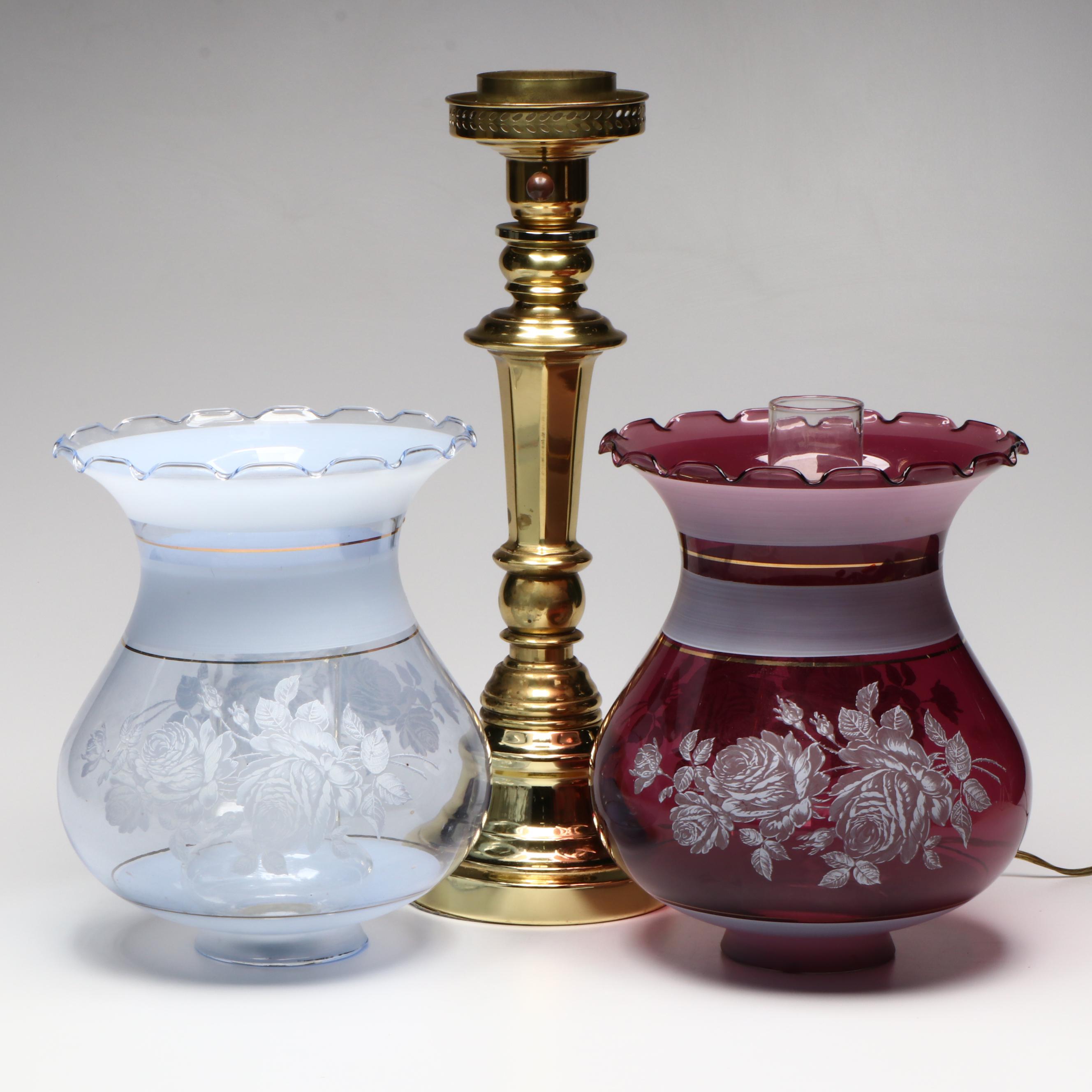 Brass Torchiere Table Lamp with Pair of Etched and Satin Glass  Ruffled Shades