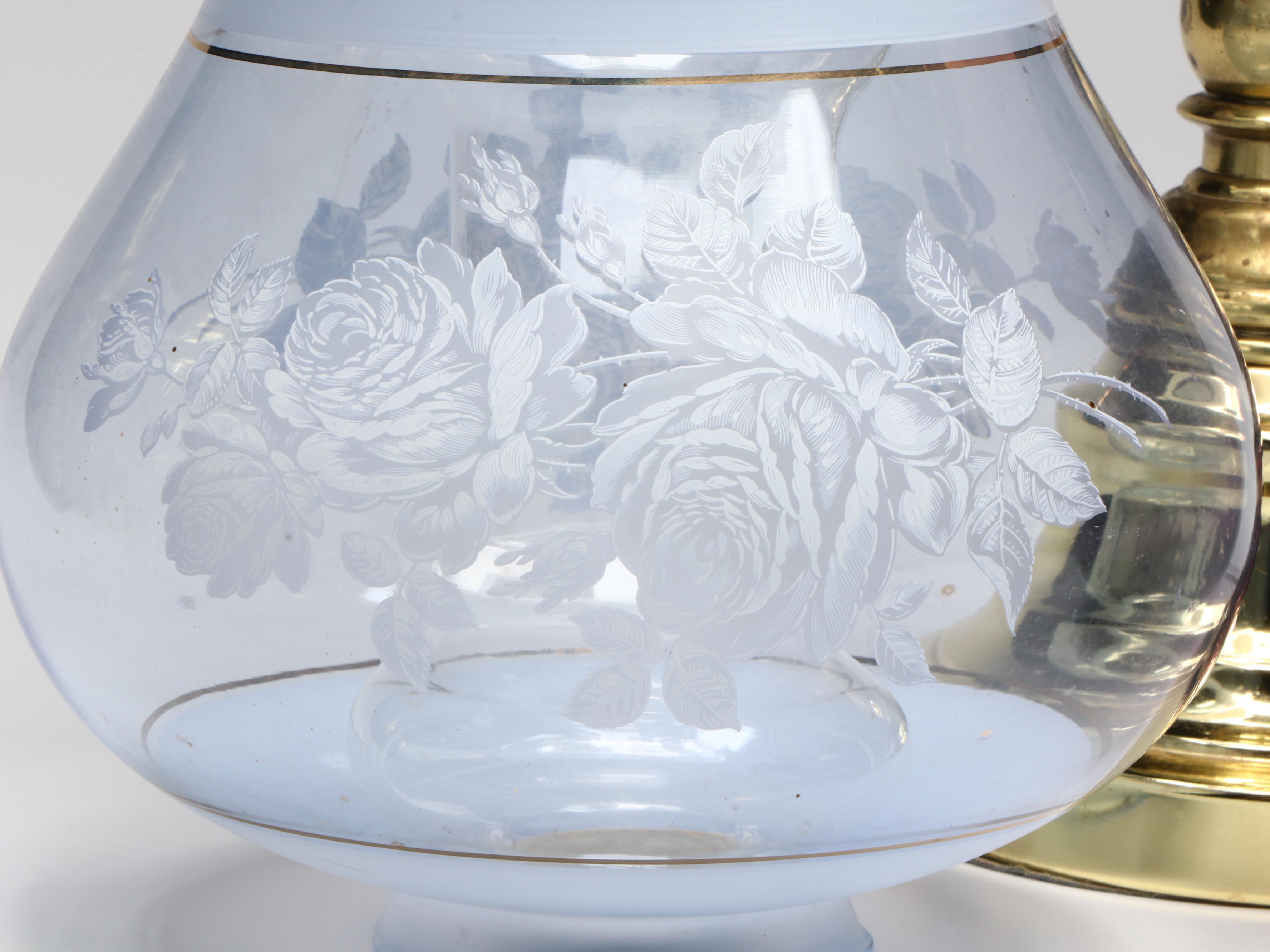 Brass Torchiere Table Lamp with Pair of Etched and Satin Glass  Ruffled Shades