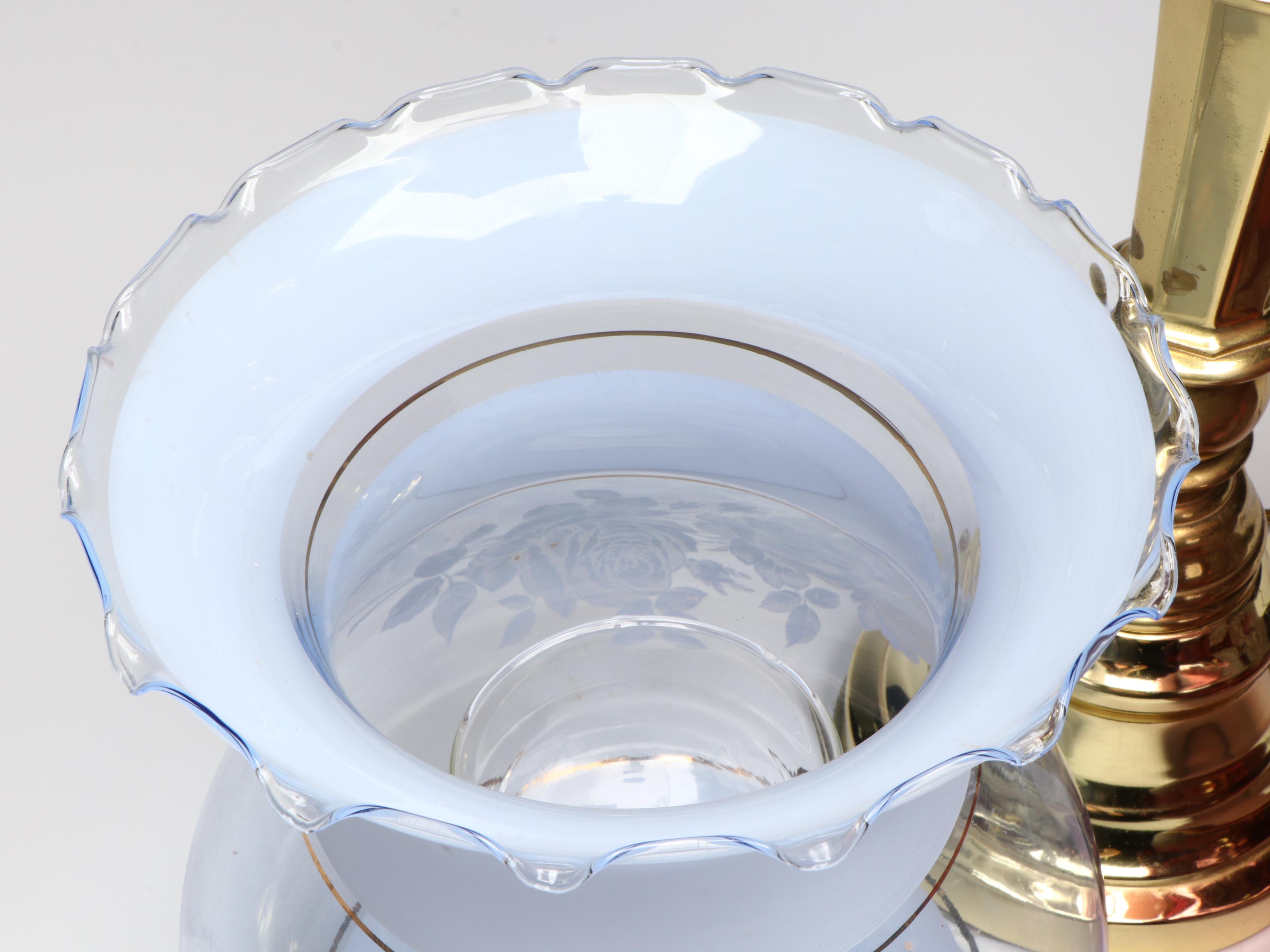 Brass Torchiere Table Lamp with Pair of Etched and Satin Glass  Ruffled Shades