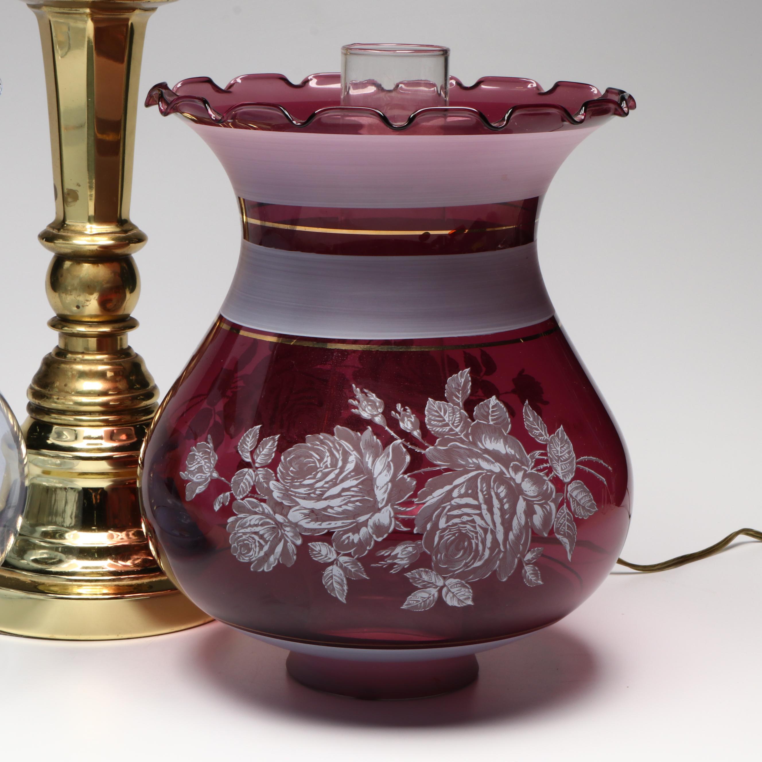 Brass Torchiere Table Lamp with Pair of Etched and Satin Glass  Ruffled Shades