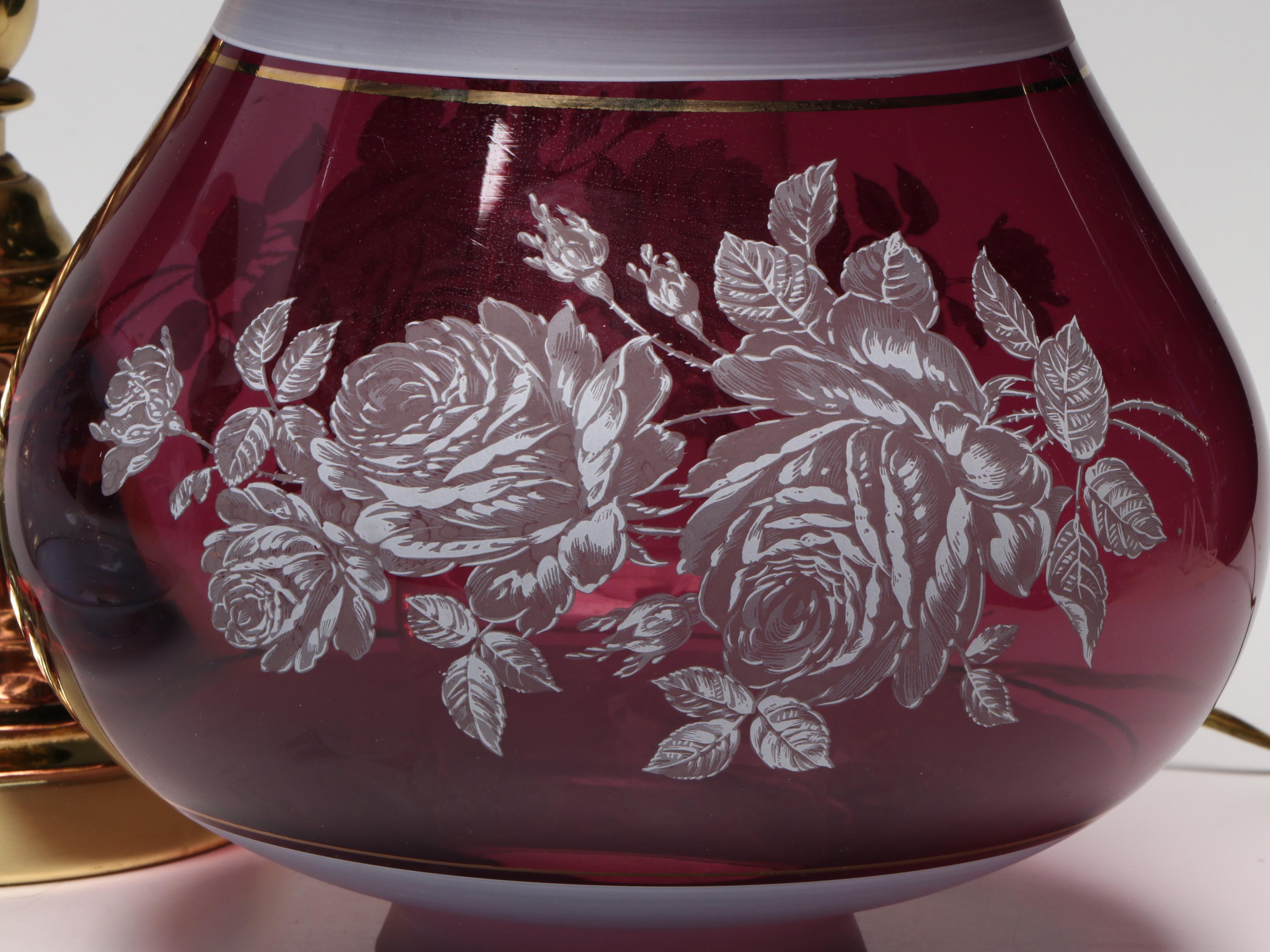 Brass Torchiere Table Lamp with Pair of Etched and Satin Glass  Ruffled Shades