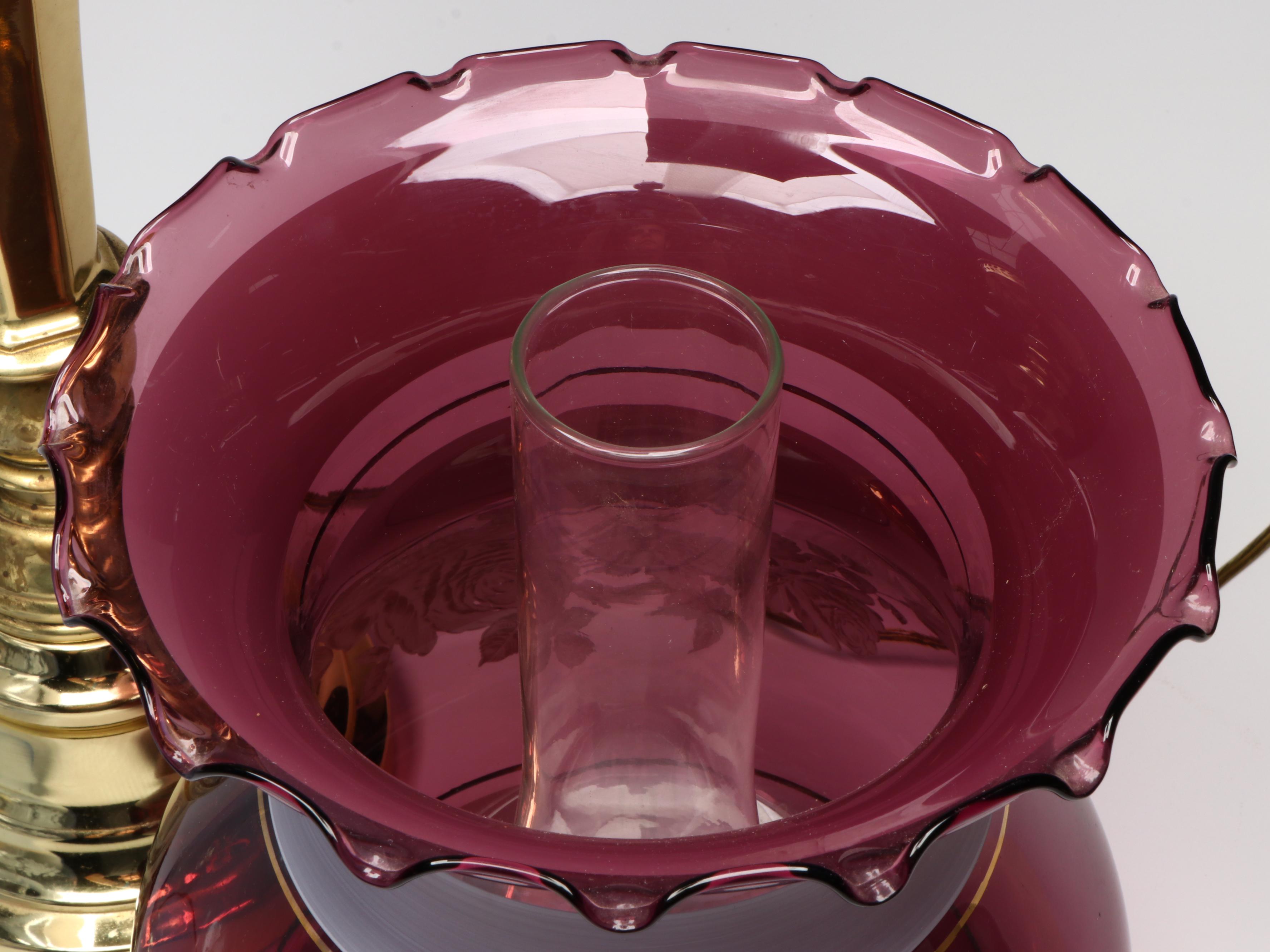 Brass Torchiere Table Lamp with Pair of Etched and Satin Glass  Ruffled Shades