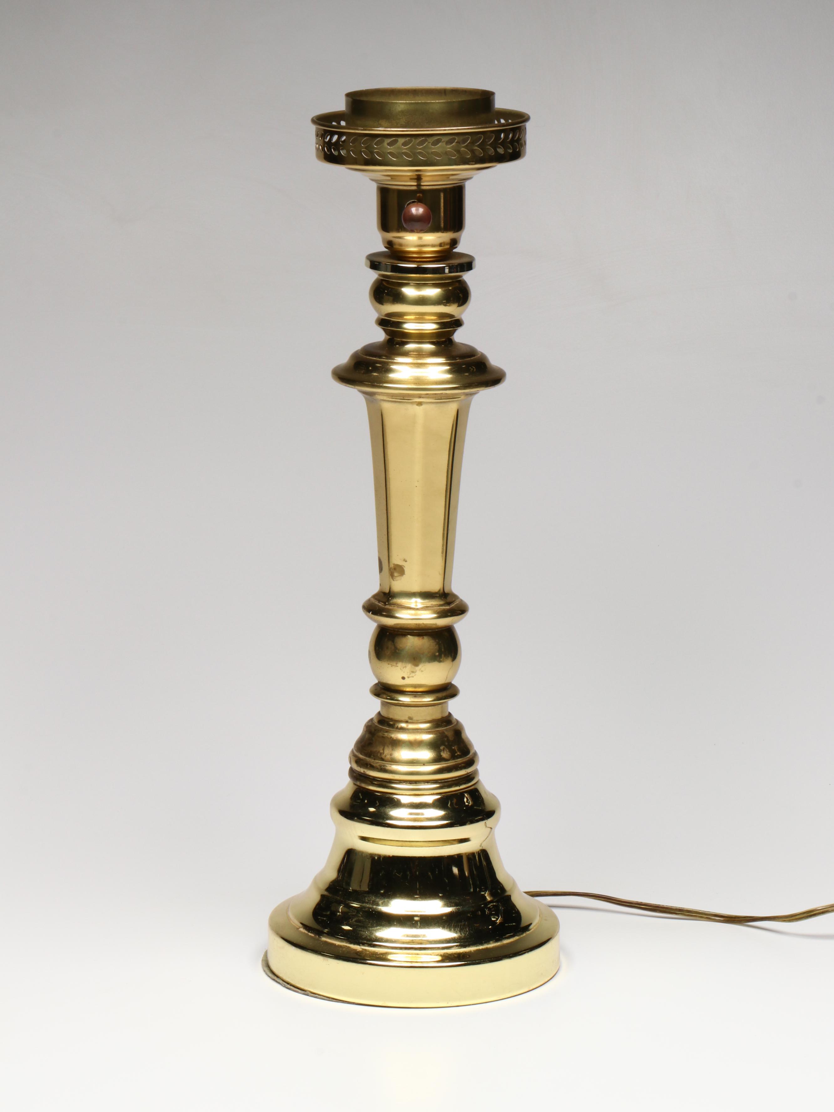 Brass Torchiere Table Lamp with Pair of Etched and Satin Glass  Ruffled Shades