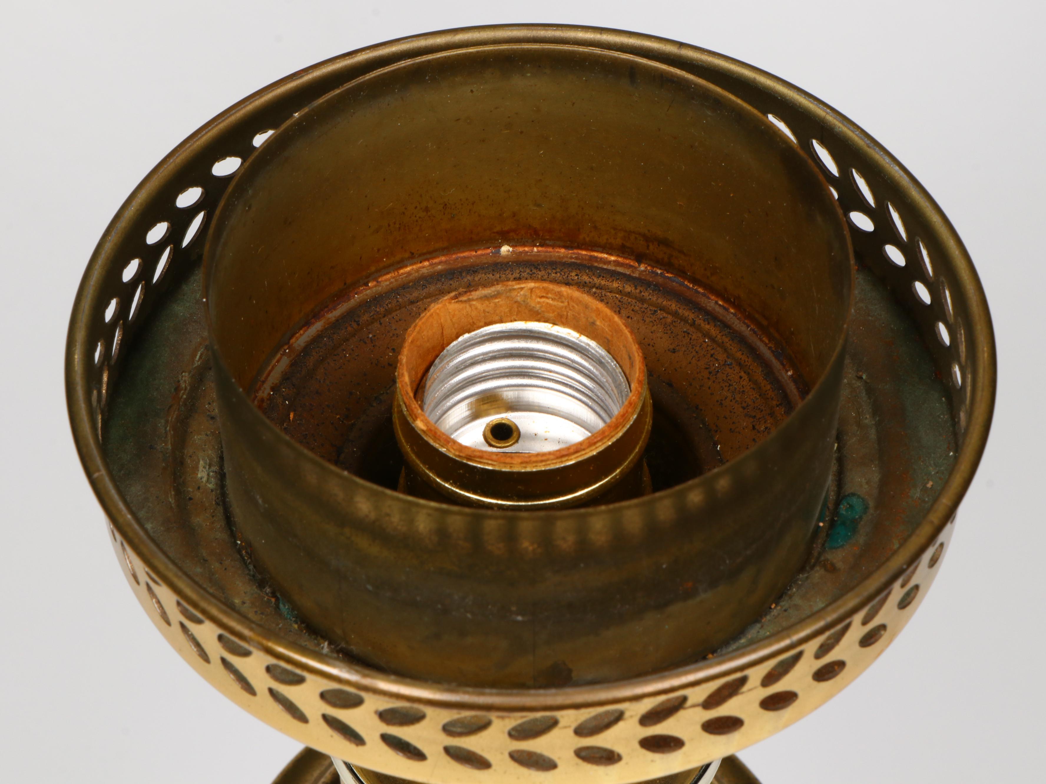 Brass Torchiere Table Lamp with Pair of Etched and Satin Glass  Ruffled Shades