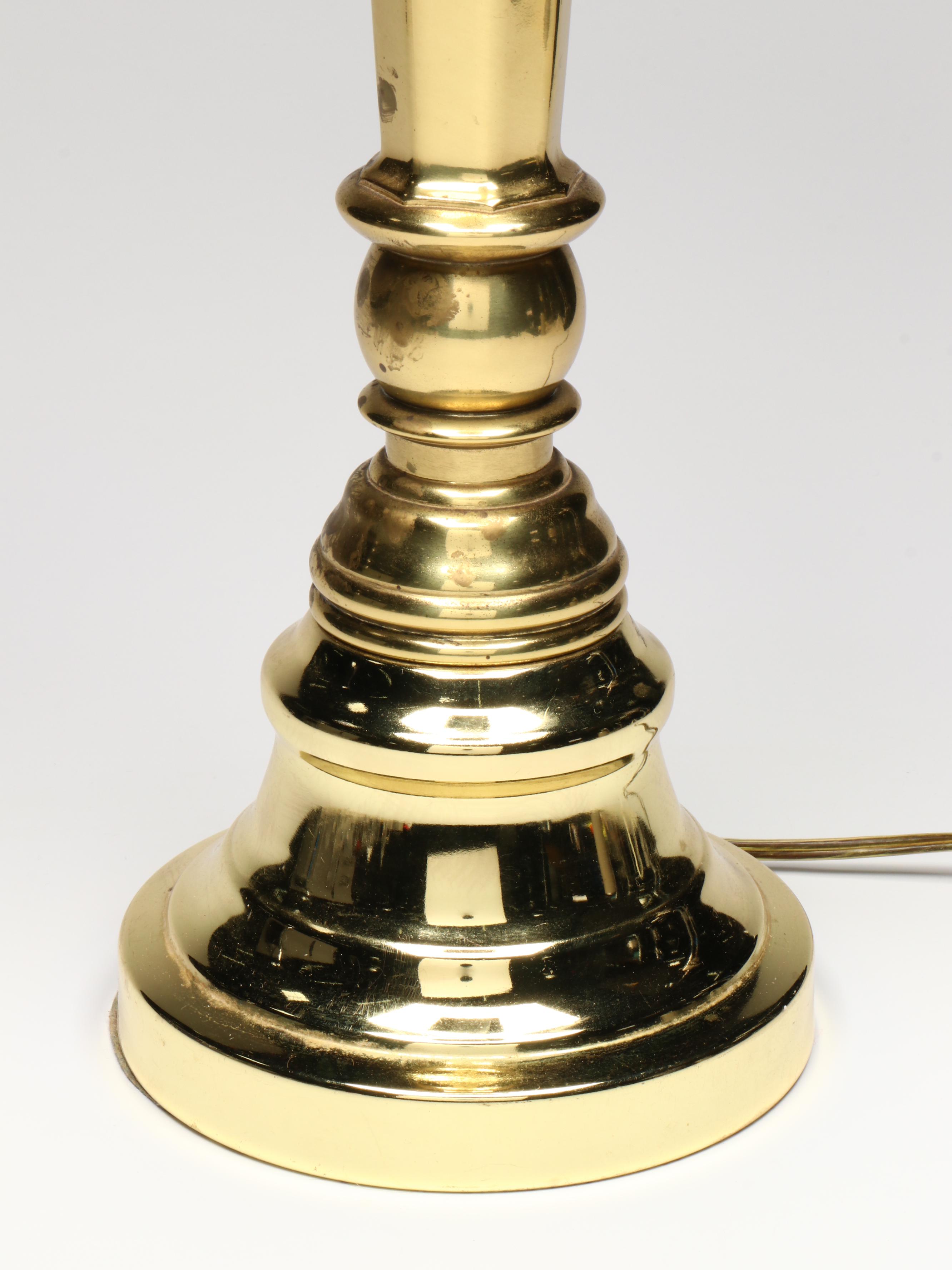 Brass Torchiere Table Lamp with Pair of Etched and Satin Glass  Ruffled Shades