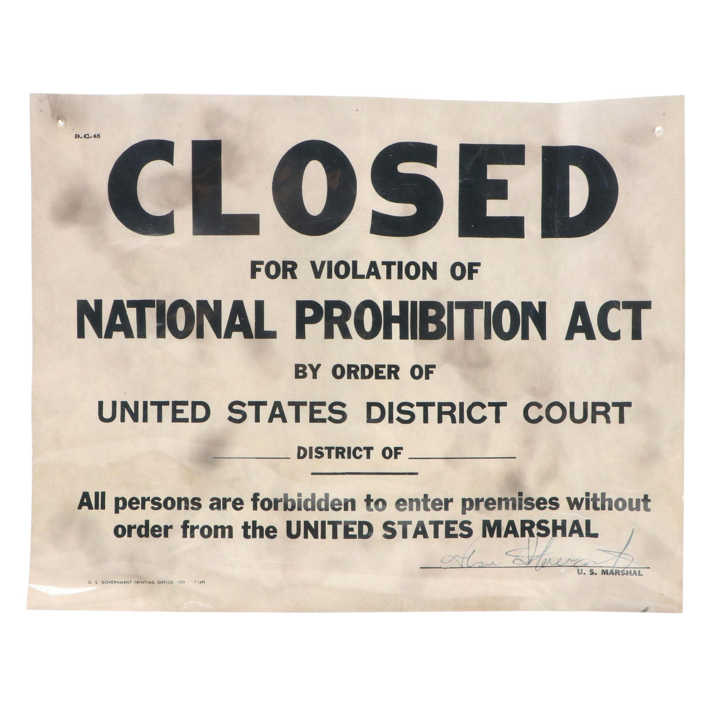 "Closed for Violation of National Prohibition Act" Paper Sign