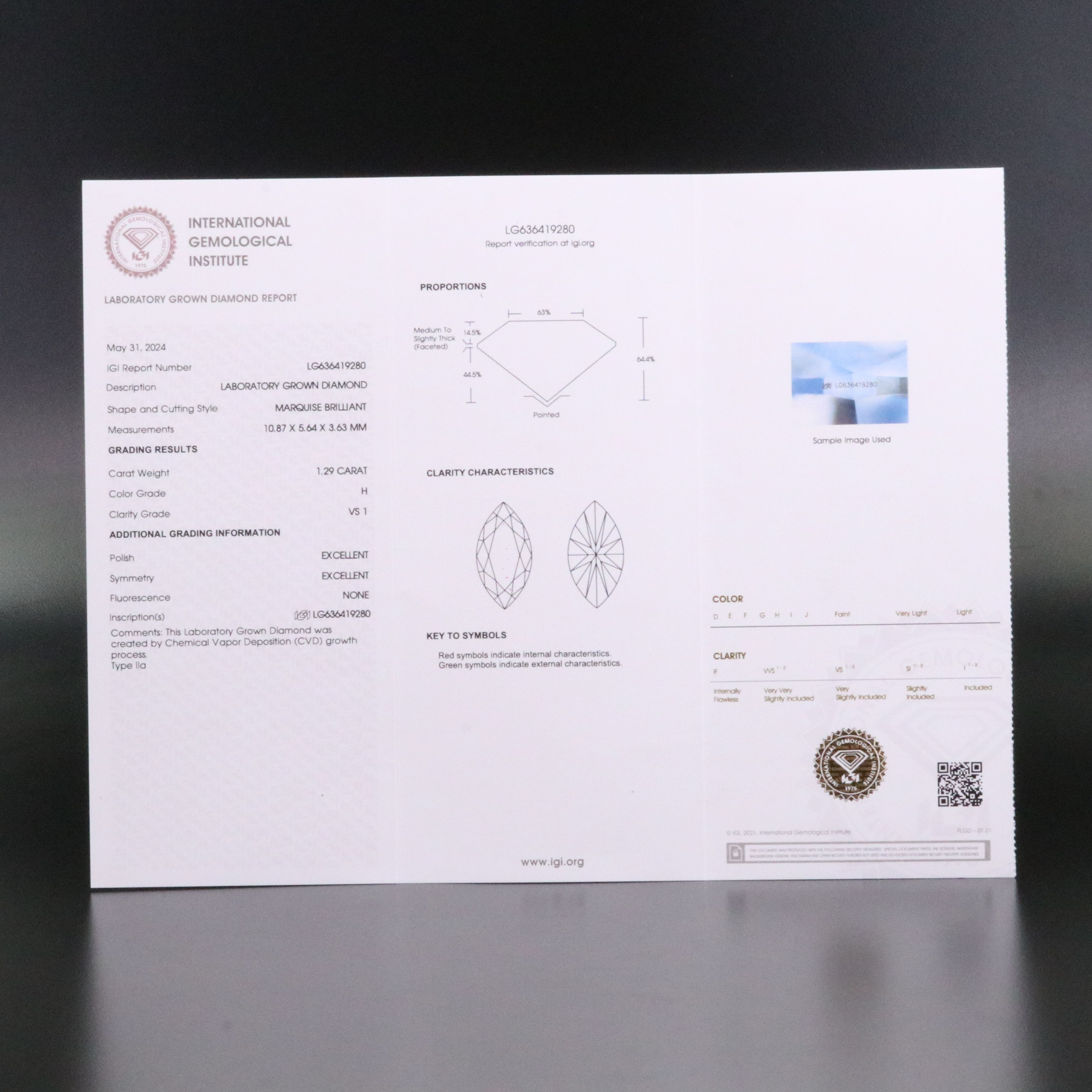 Loose 1.29 CT Lab Grown Diamond with IGI Report