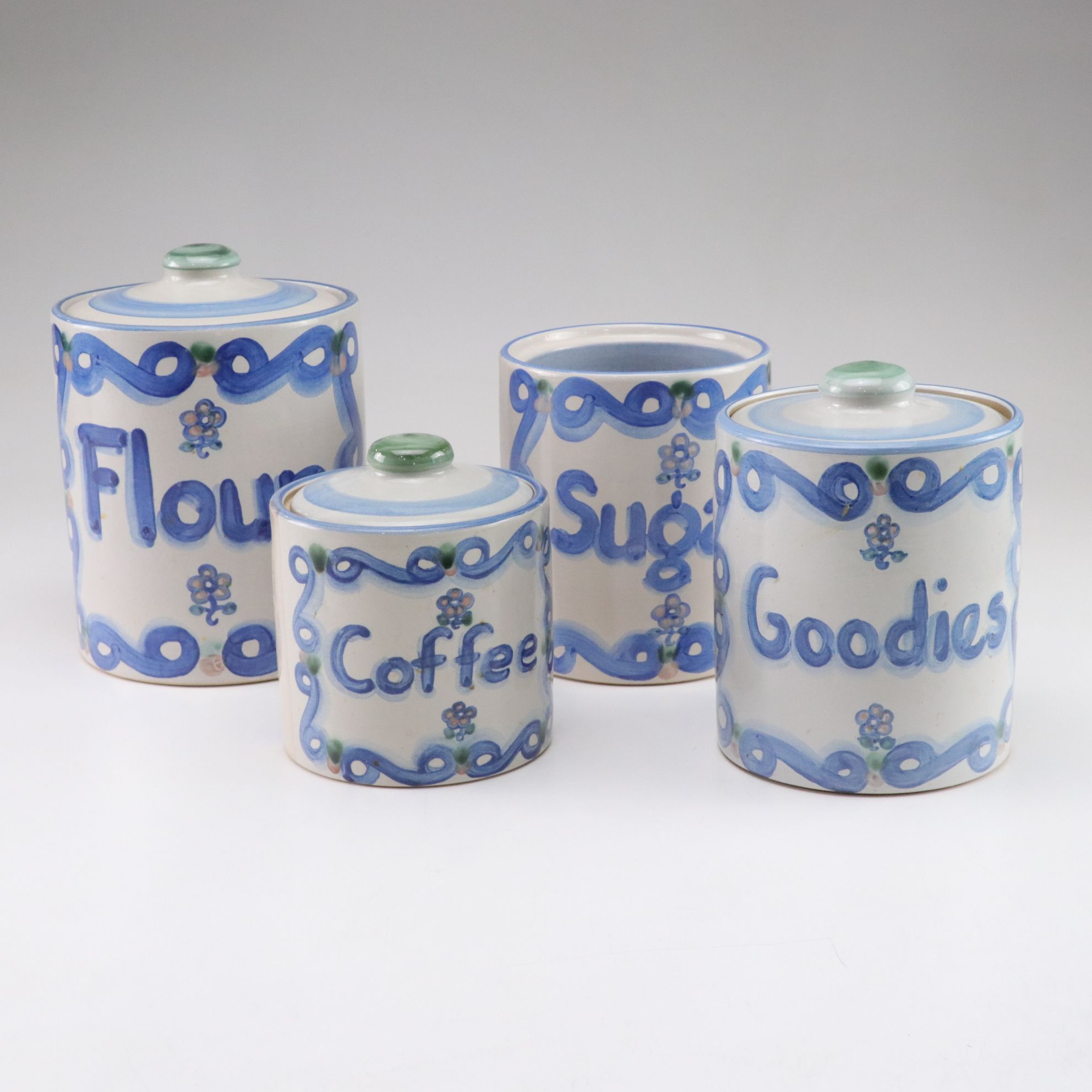 M.A. Hadley Pottery Canister Set with Sugar, Flour, Coffee, and Goodies