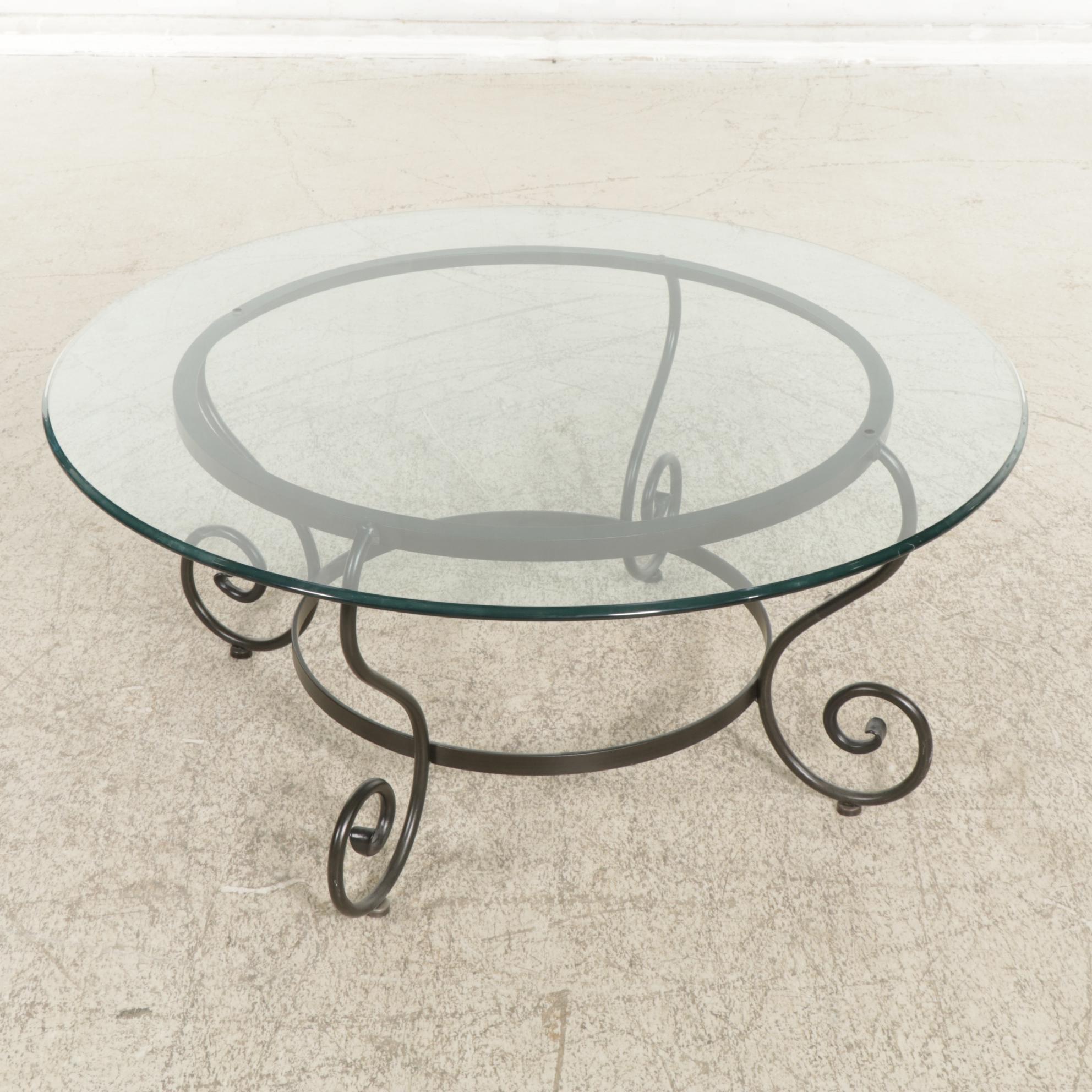 Contemporary Round Metal Framed Glass-Top Coffee Table