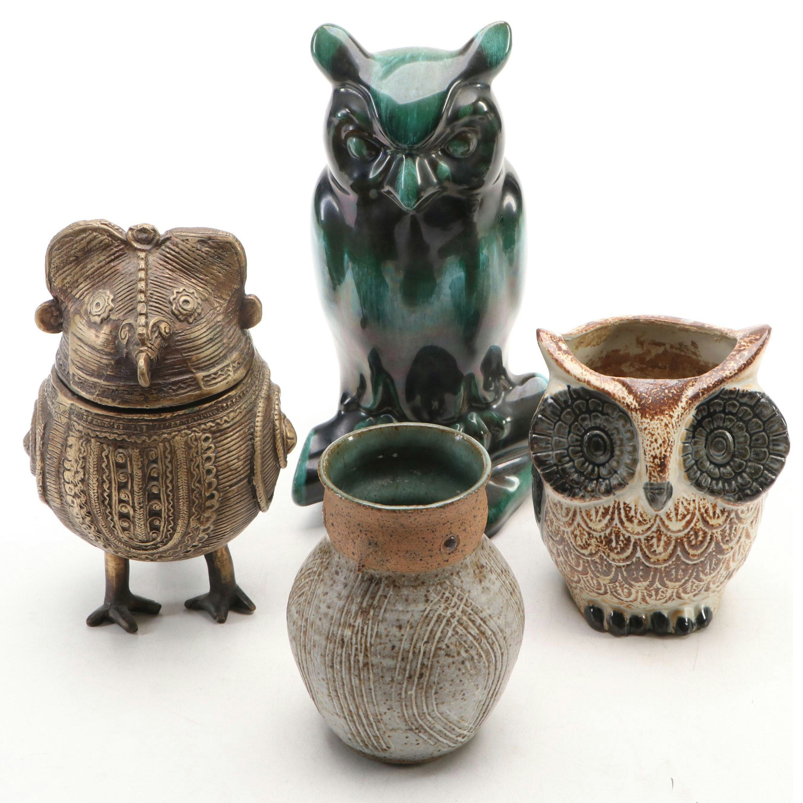 Indian Dhokra Brass Owl Container with Other Ceramic Owls