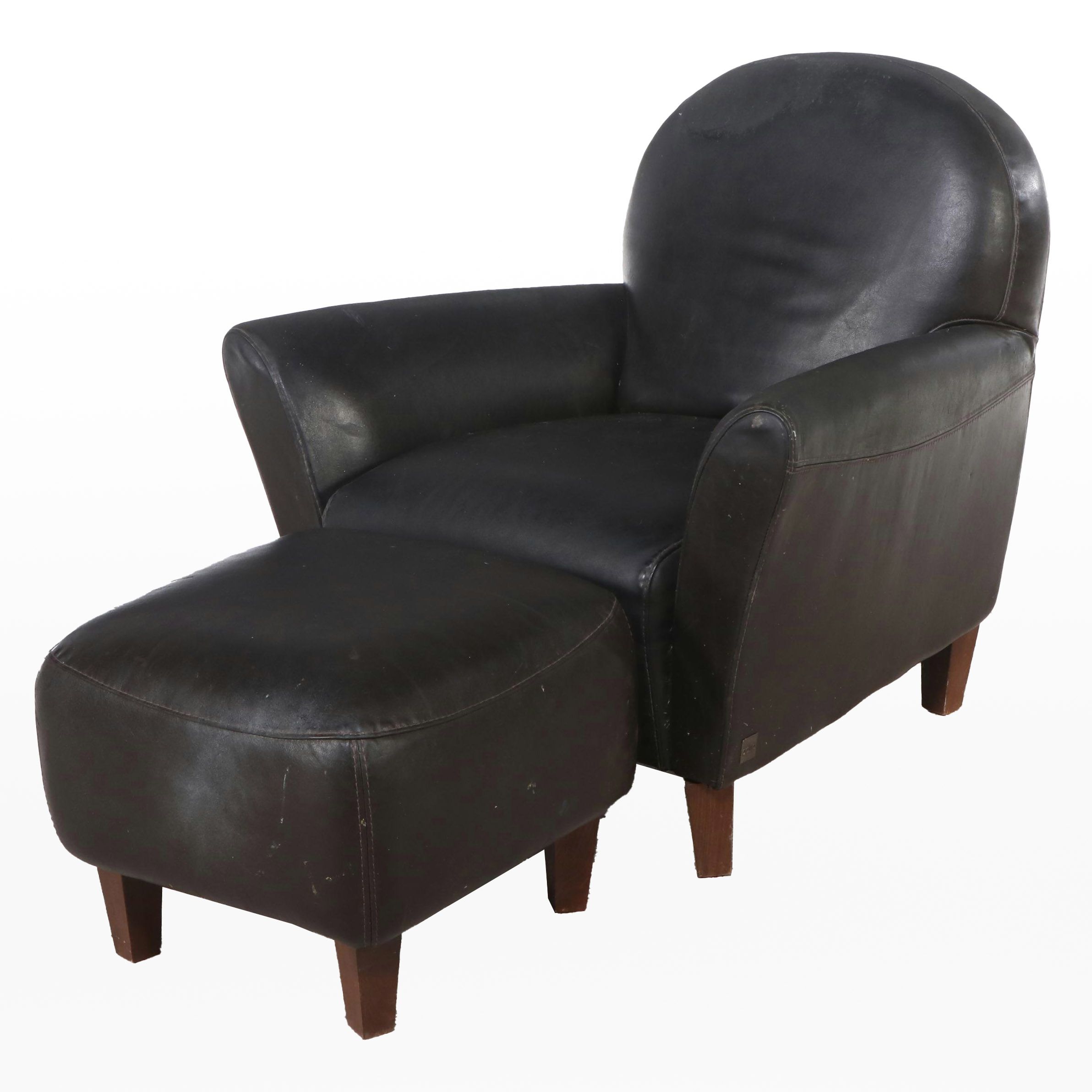 Calia Black Leather Armchair with Ottoman