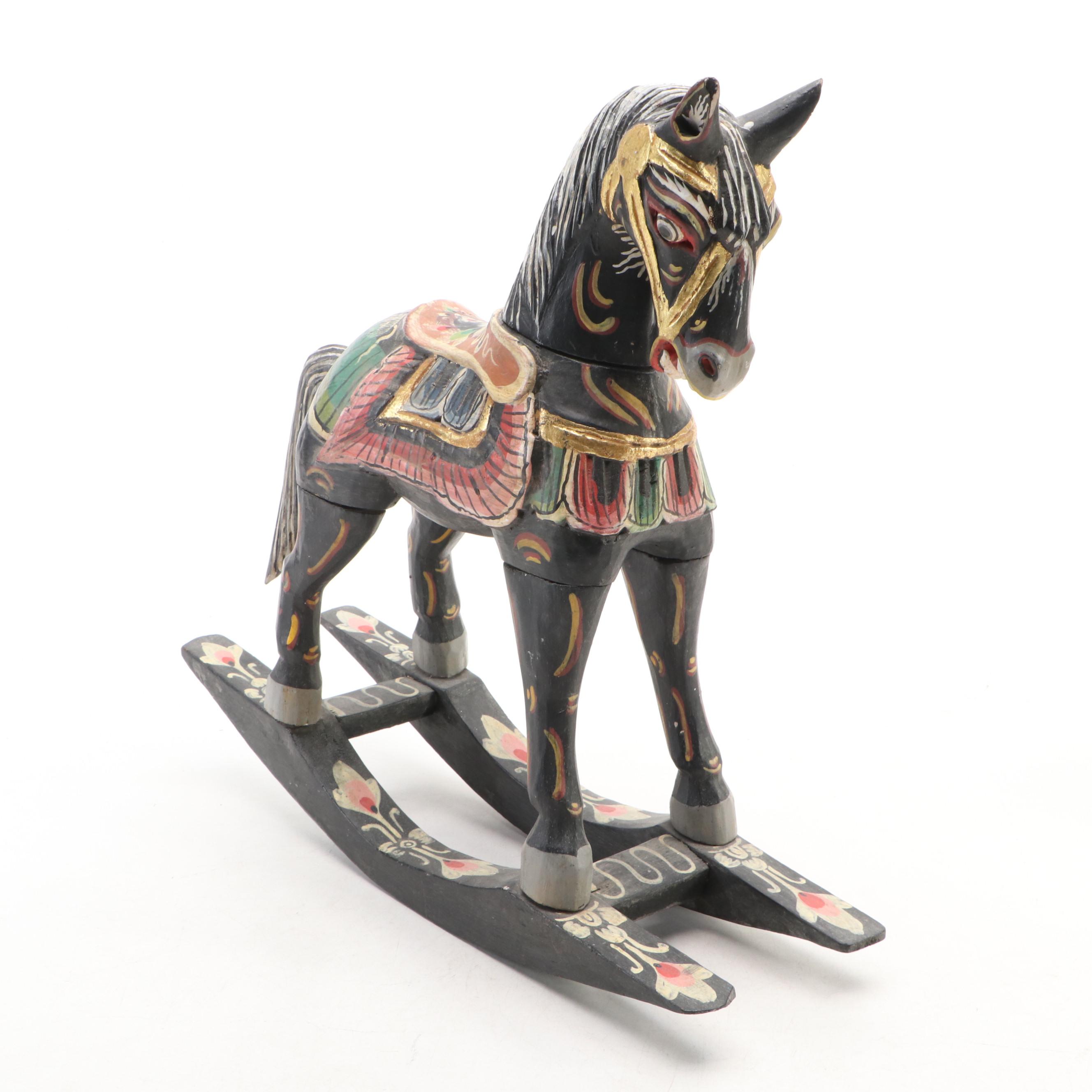 Folk Art Style Hand-Painted Wooden Rocking Horse