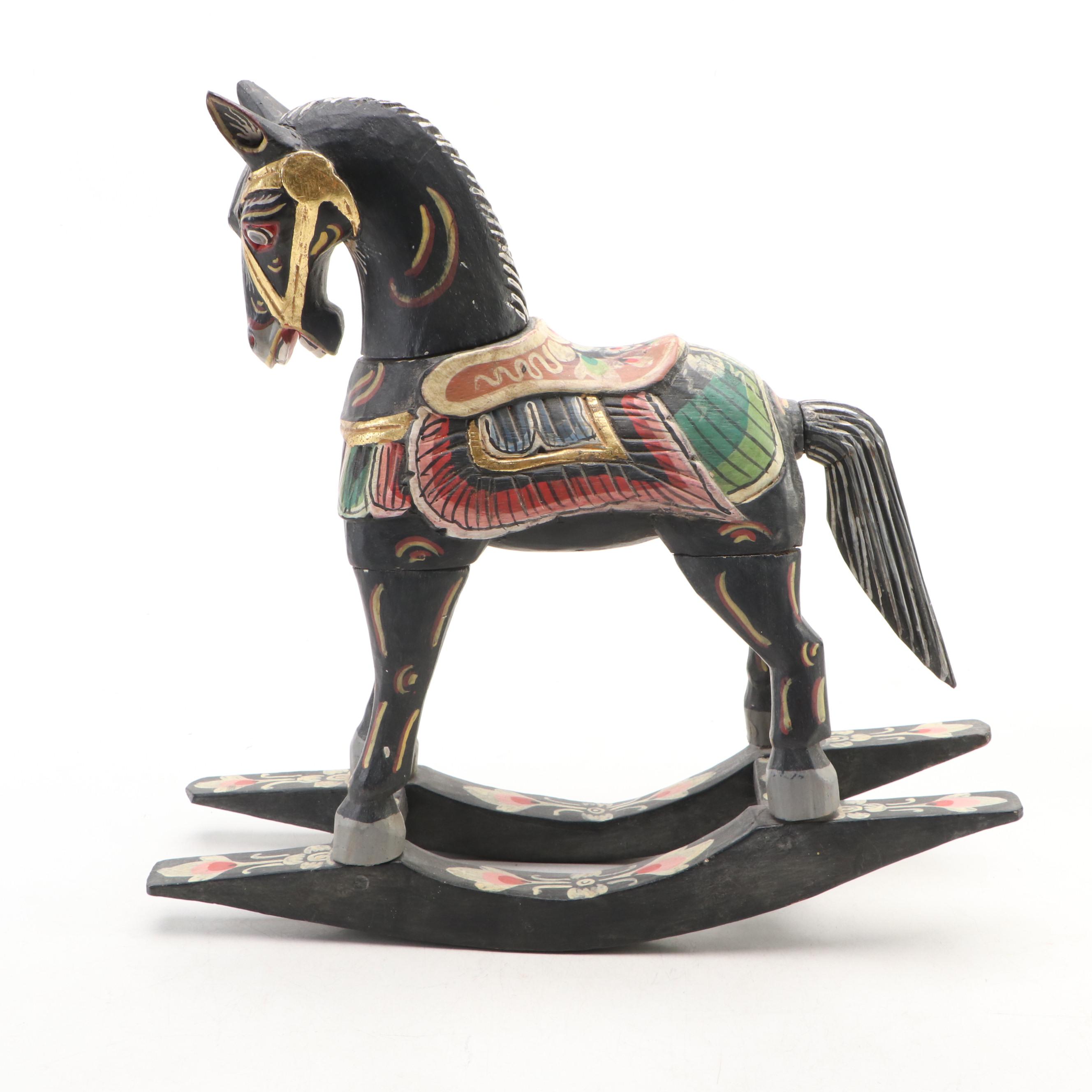 Folk Art Style Hand-Painted Wooden Rocking Horse
