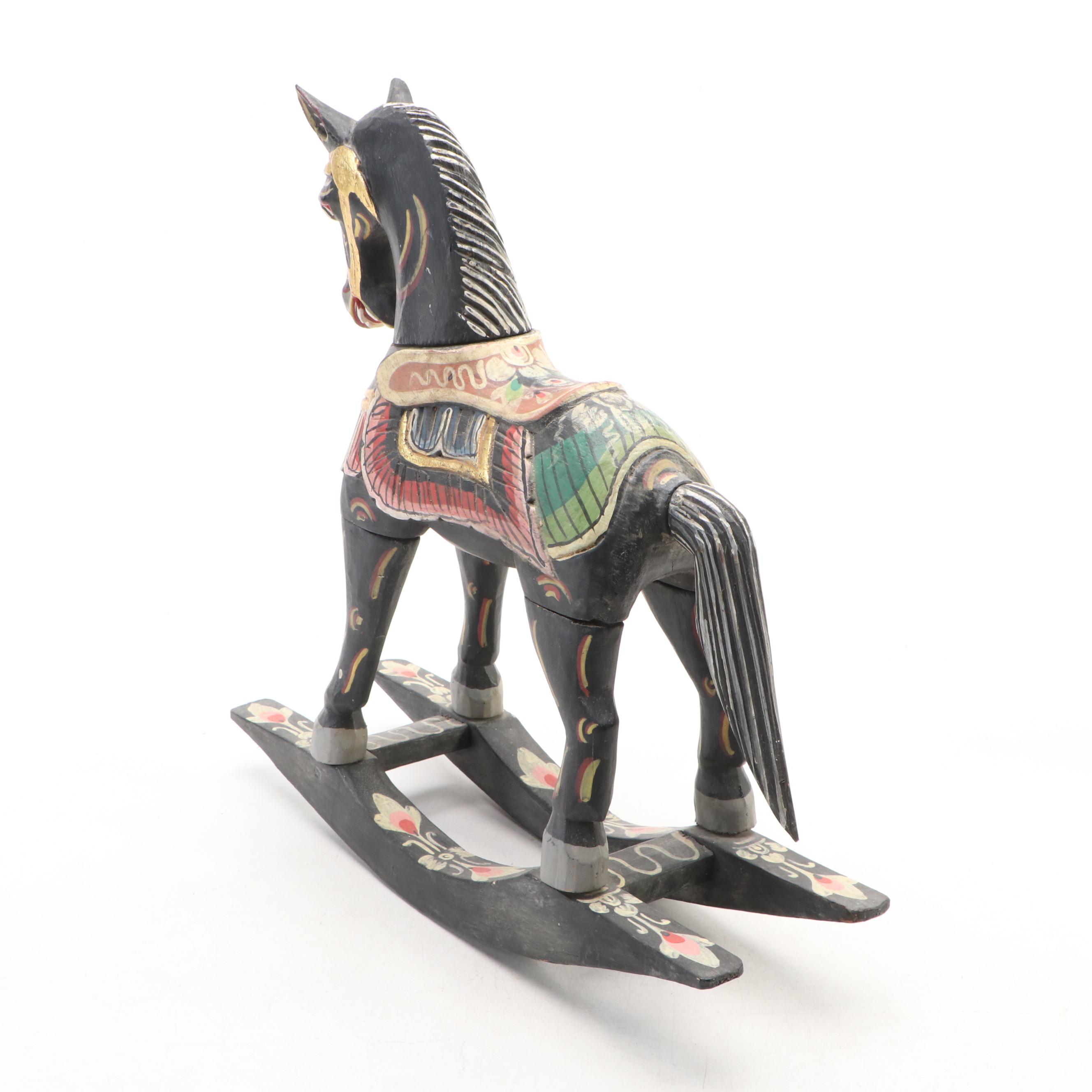 Folk Art Style Hand-Painted Wooden Rocking Horse
