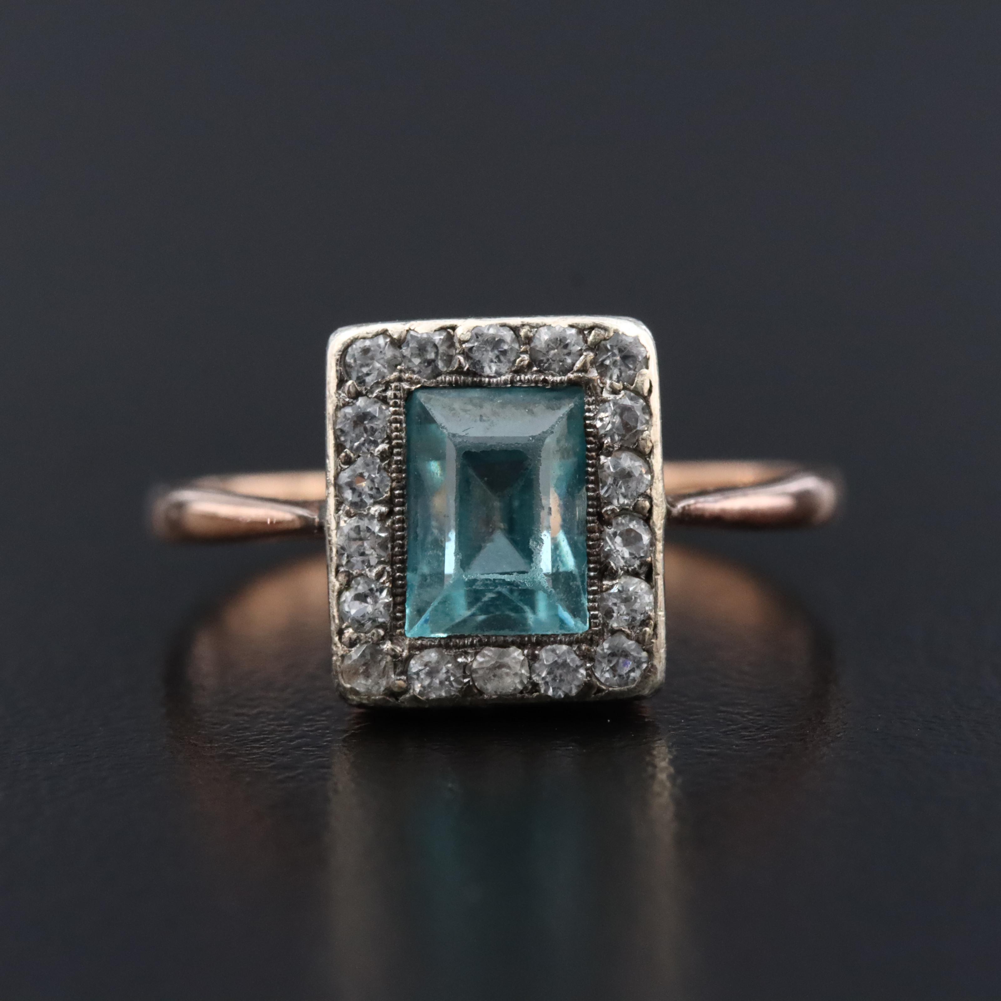 Vintage 9K Rose Gold Blue Zircon and White Spinel Ring