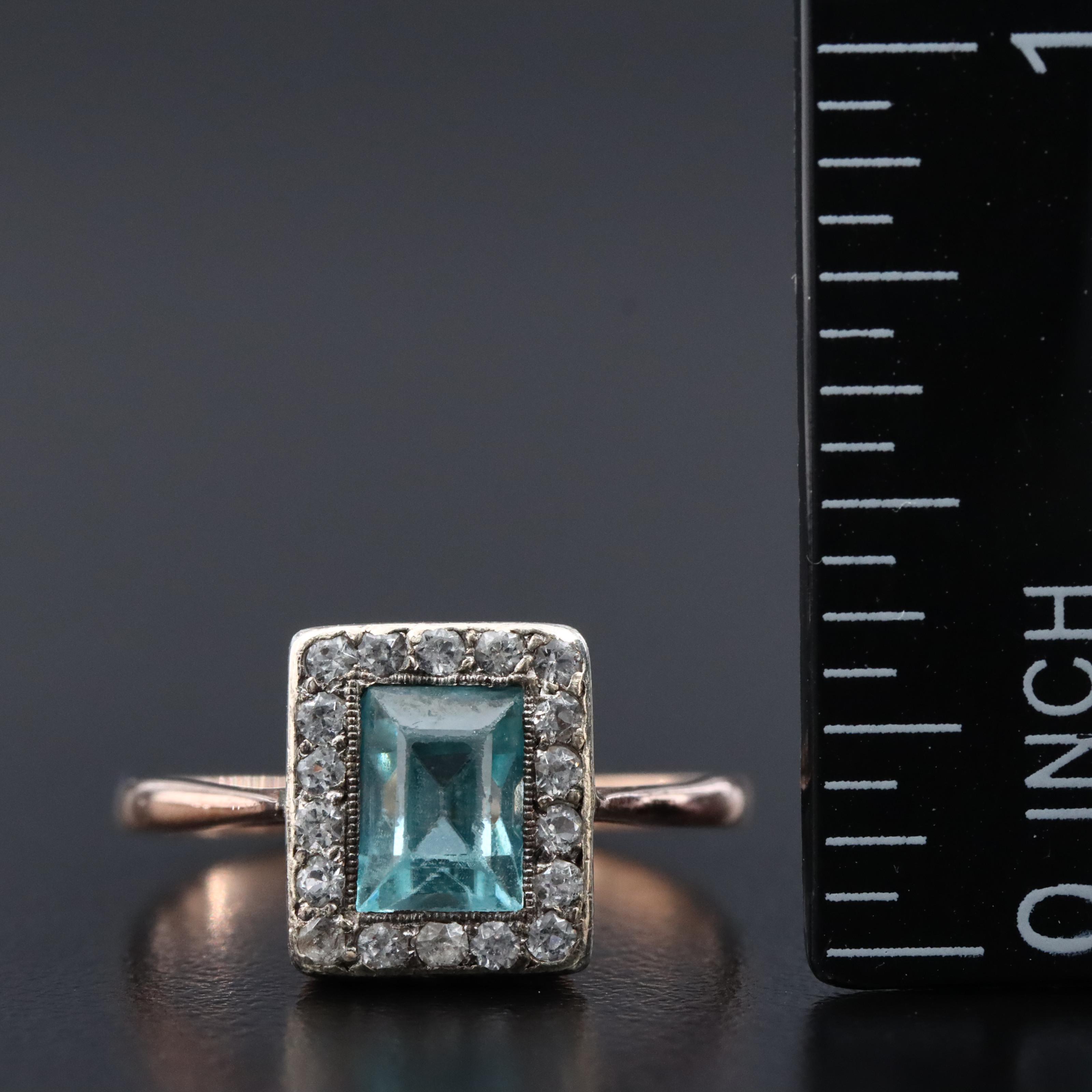 Vintage 9K Rose Gold Blue Zircon and White Spinel Ring