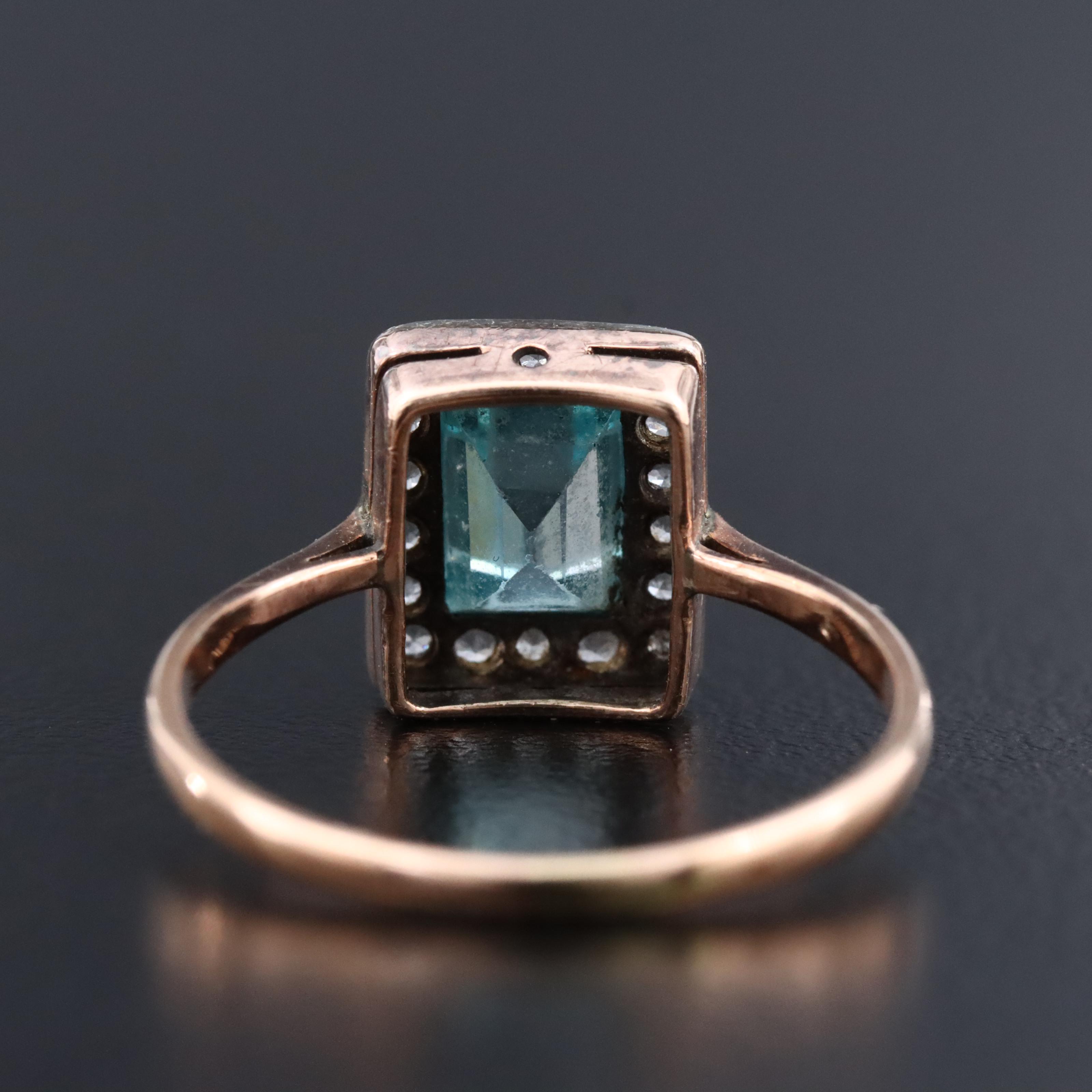 Vintage 9K Rose Gold Blue Zircon and White Spinel Ring