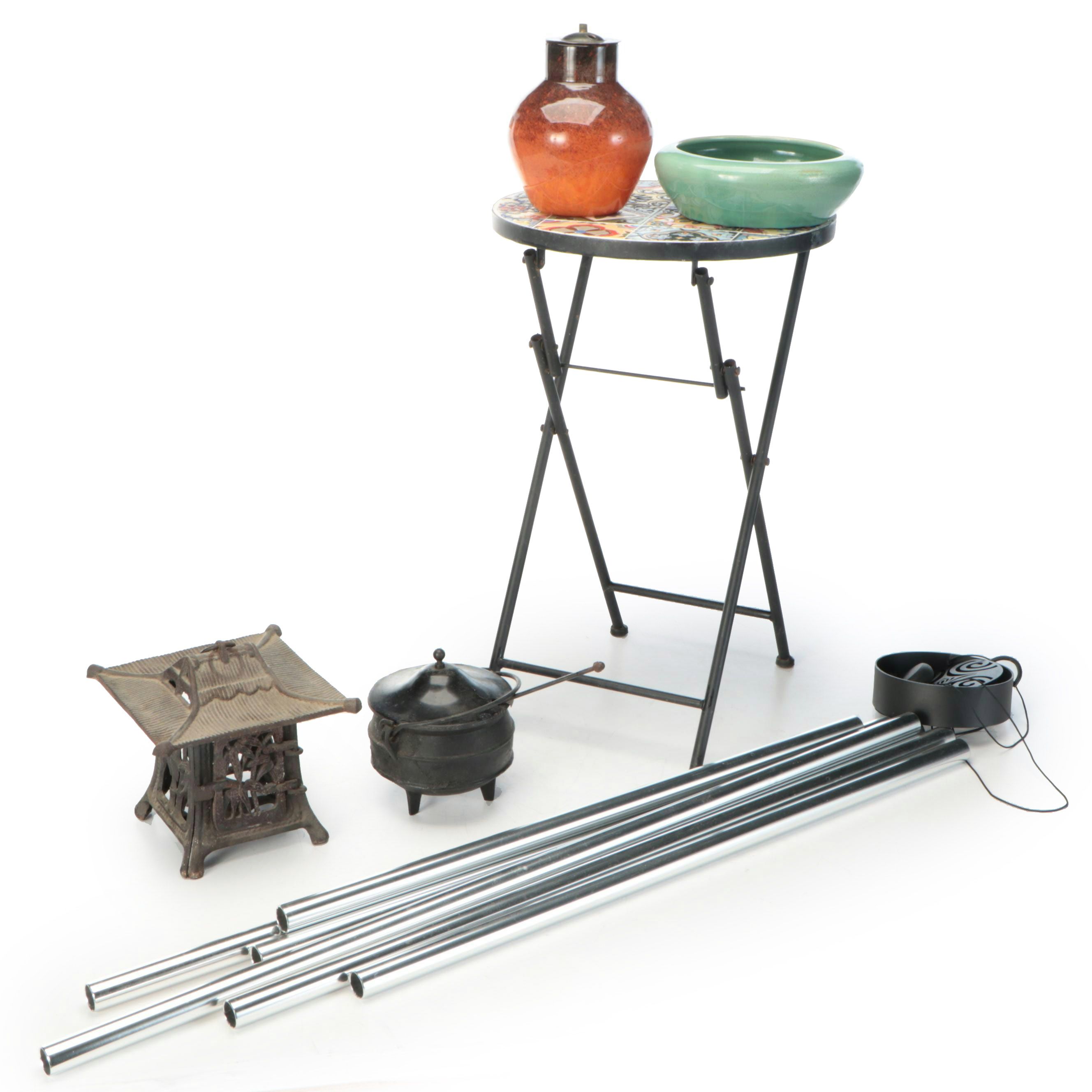 Mosaic Tile Metal Table and Glass Lantern, Other Metal and Ceramic Outdoor Décor