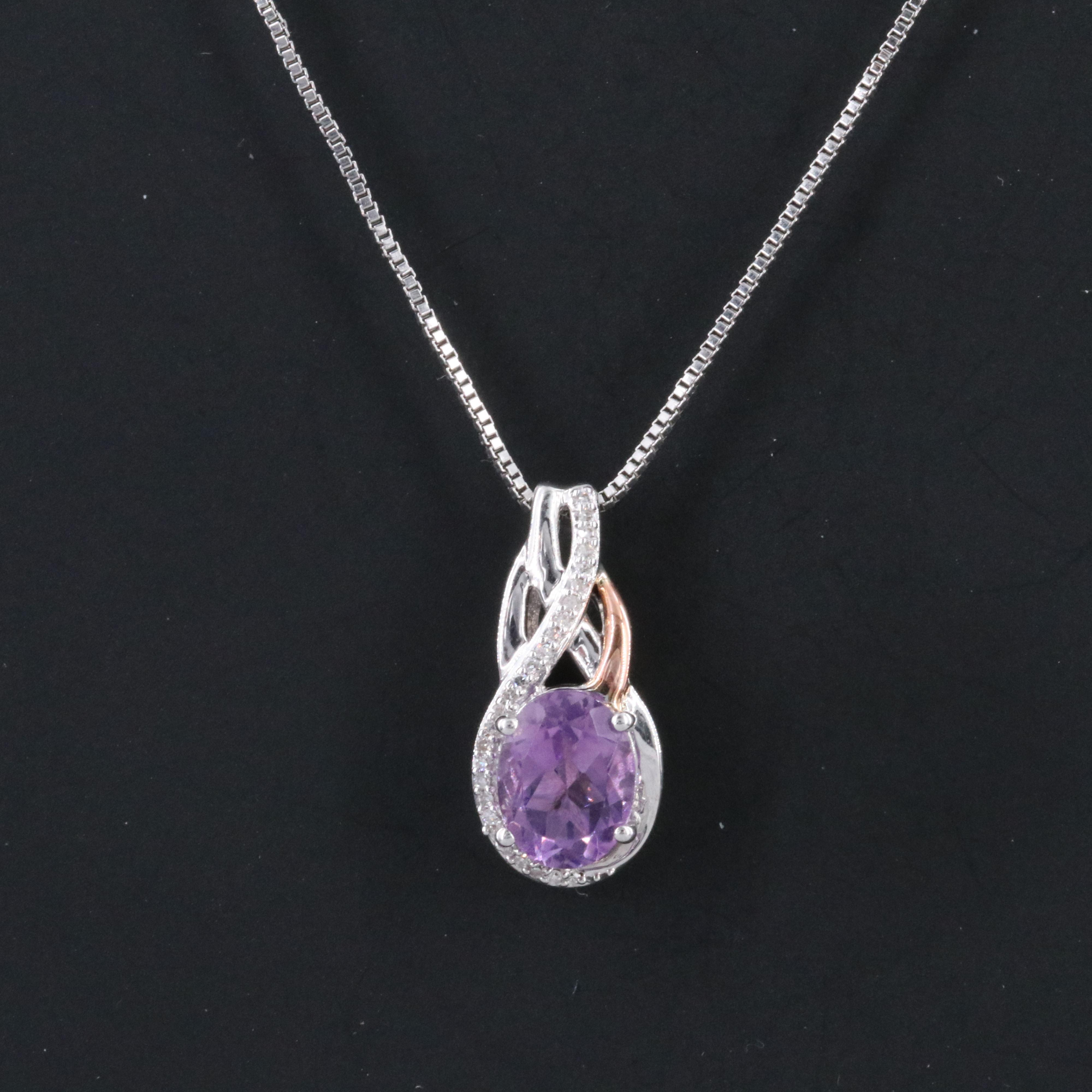 Sterling Amethyst and Diamond Pendant Necklace with 10K Rose Accent