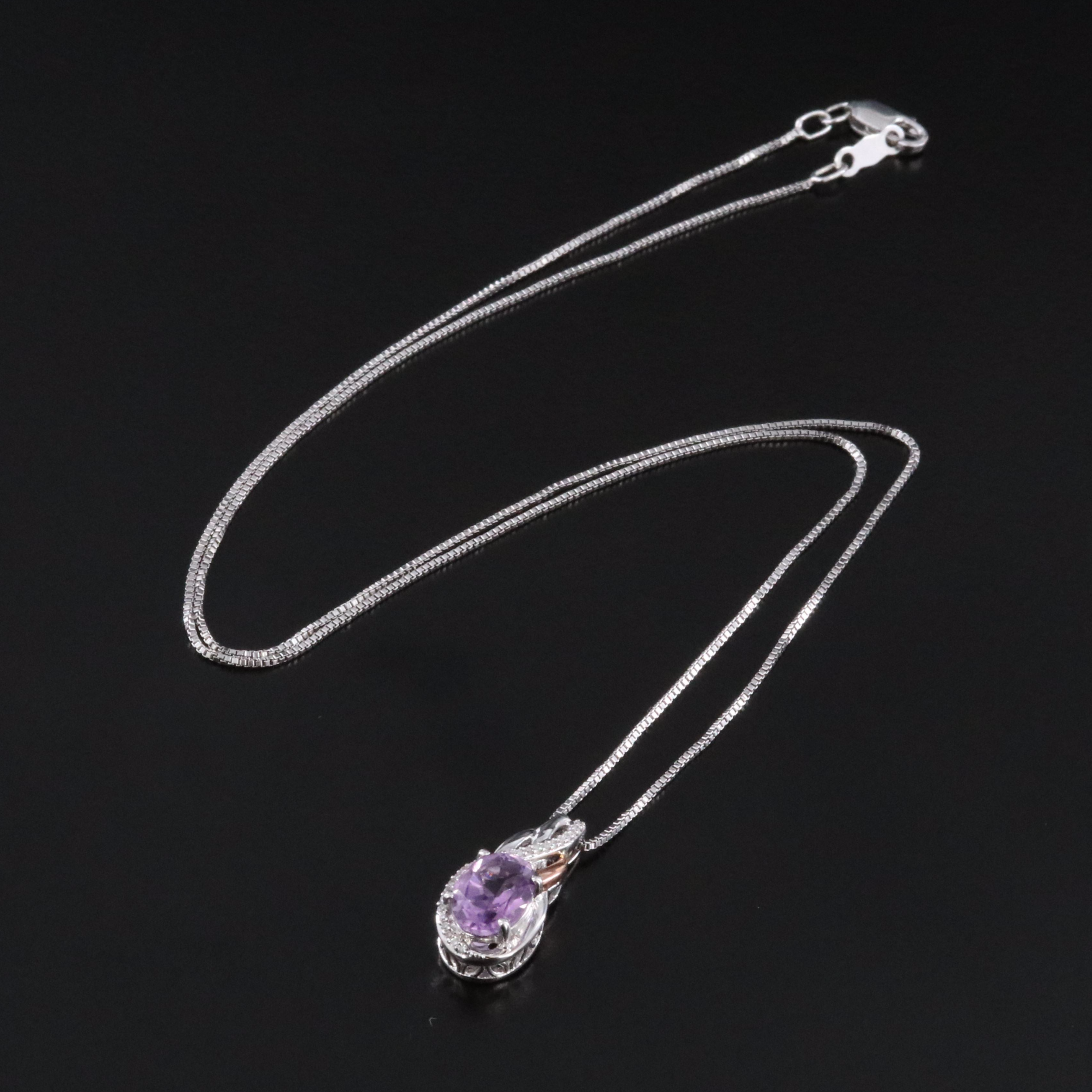 Sterling Amethyst and Diamond Pendant Necklace with 10K Rose Accent
