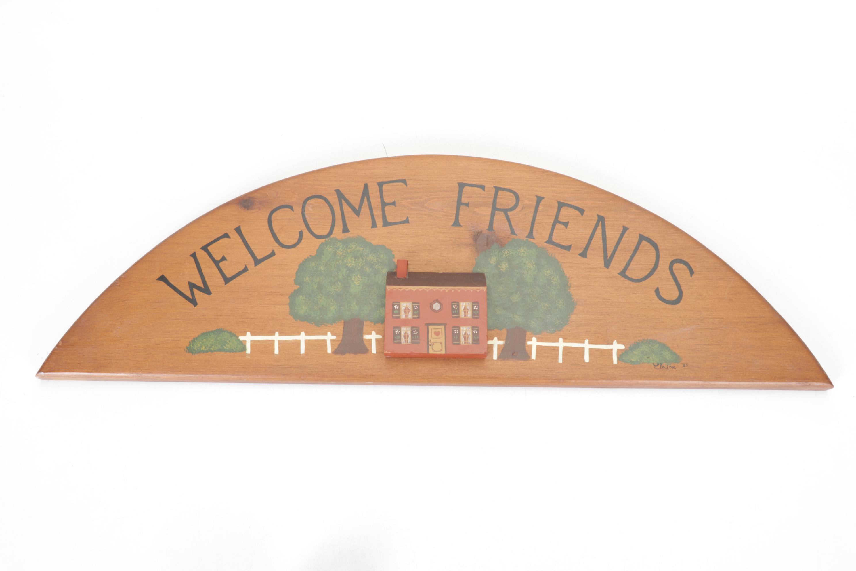 "Welcome Friends" Hand Painted Wall Plaque with "Live Laugh Love" Wall Hanging