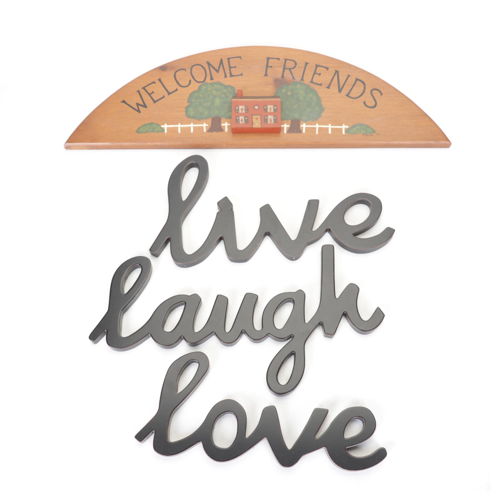 "Welcome Friends" Hand Painted Wall Plaque with "Live Laugh Love" Wall Hanging