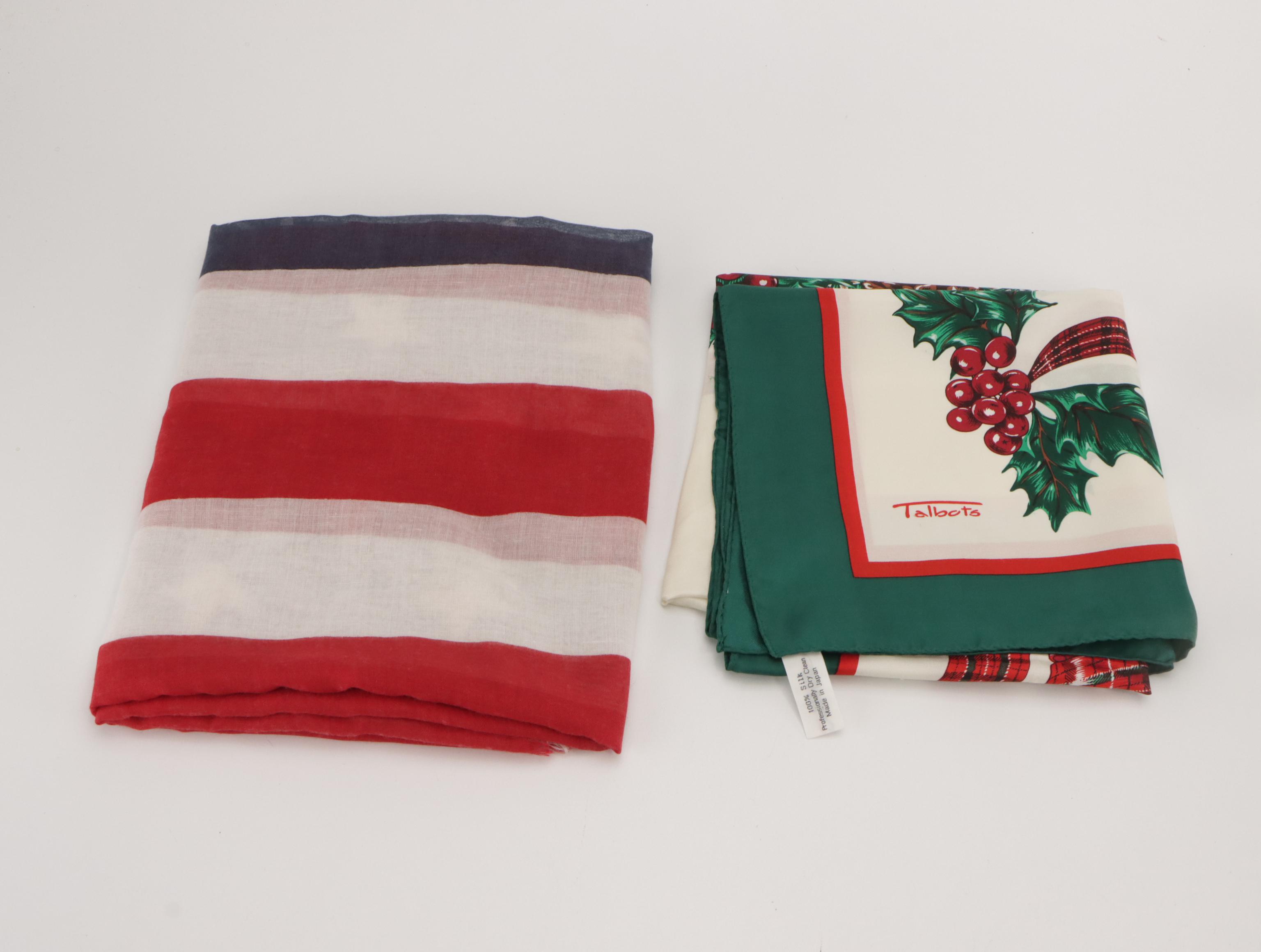 Talbots Red Plaid Cashmere Fringe Scarf and Silk Wreath Print Scarf, More