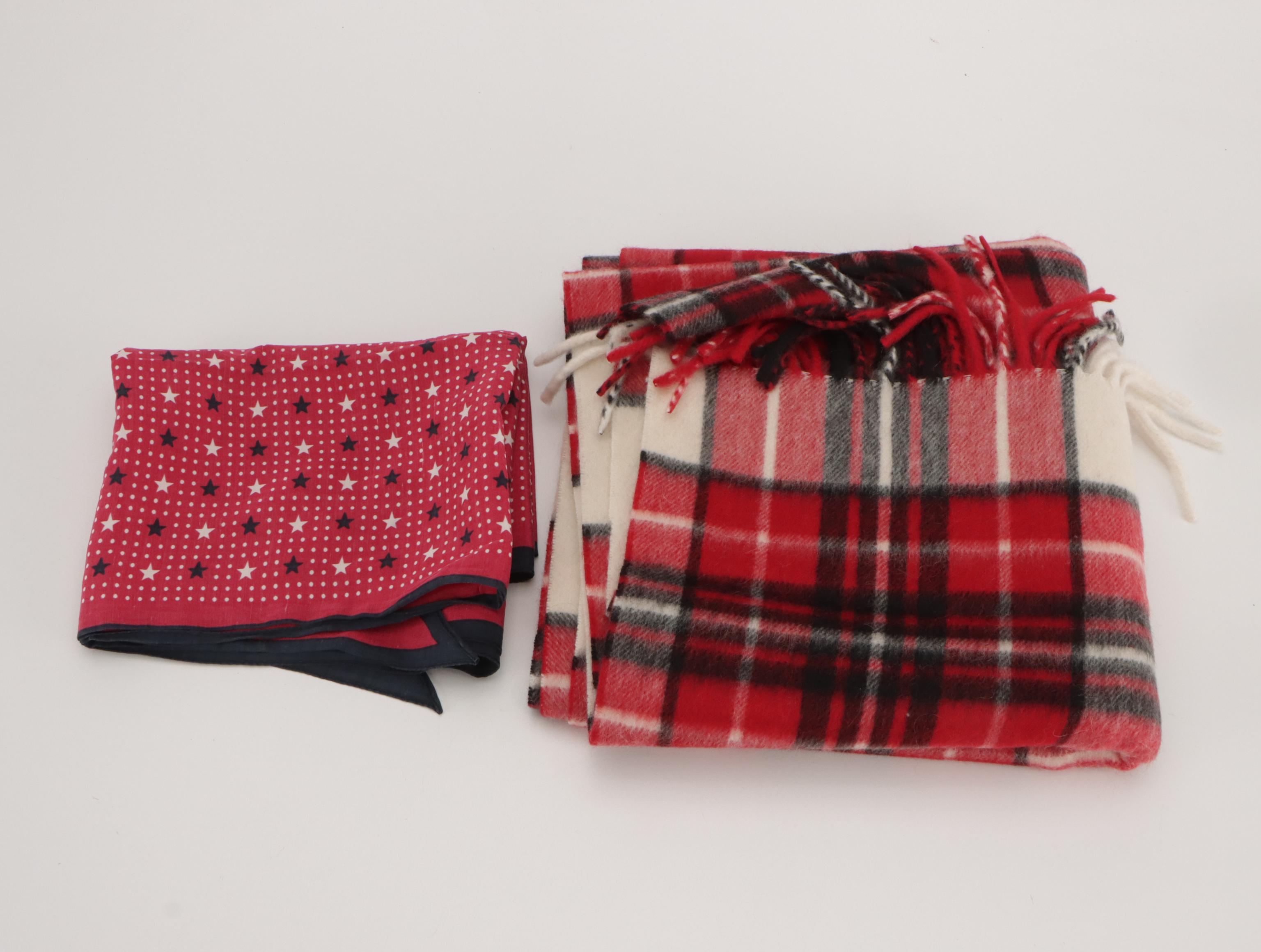 Talbots Red Plaid Cashmere Fringe Scarf and Silk Wreath Print Scarf, More