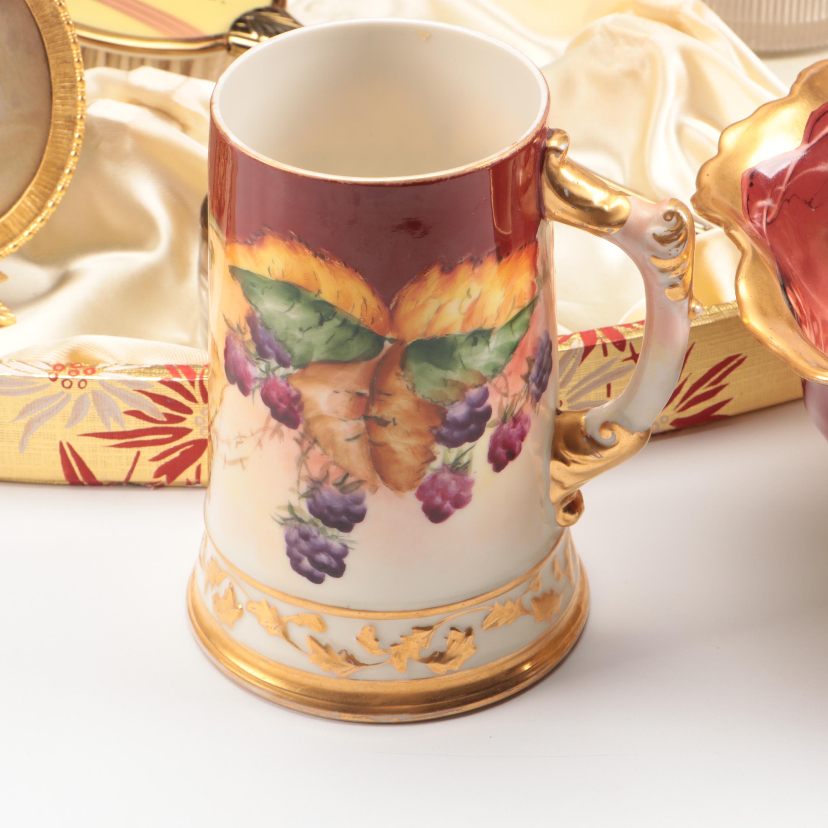 Belleek and Limoges Porcelainware, Gilt Hair Brush, Vanity Boxes and Frames