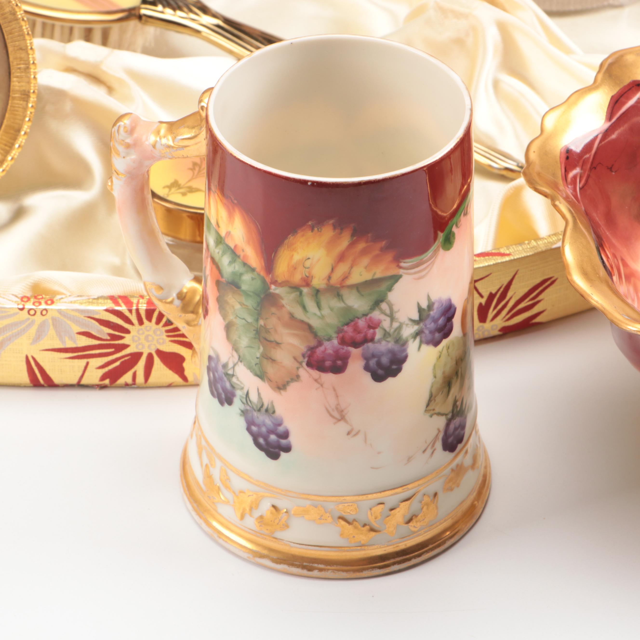 Belleek and Limoges Porcelainware, Gilt Hair Brush, Vanity Boxes and Frames