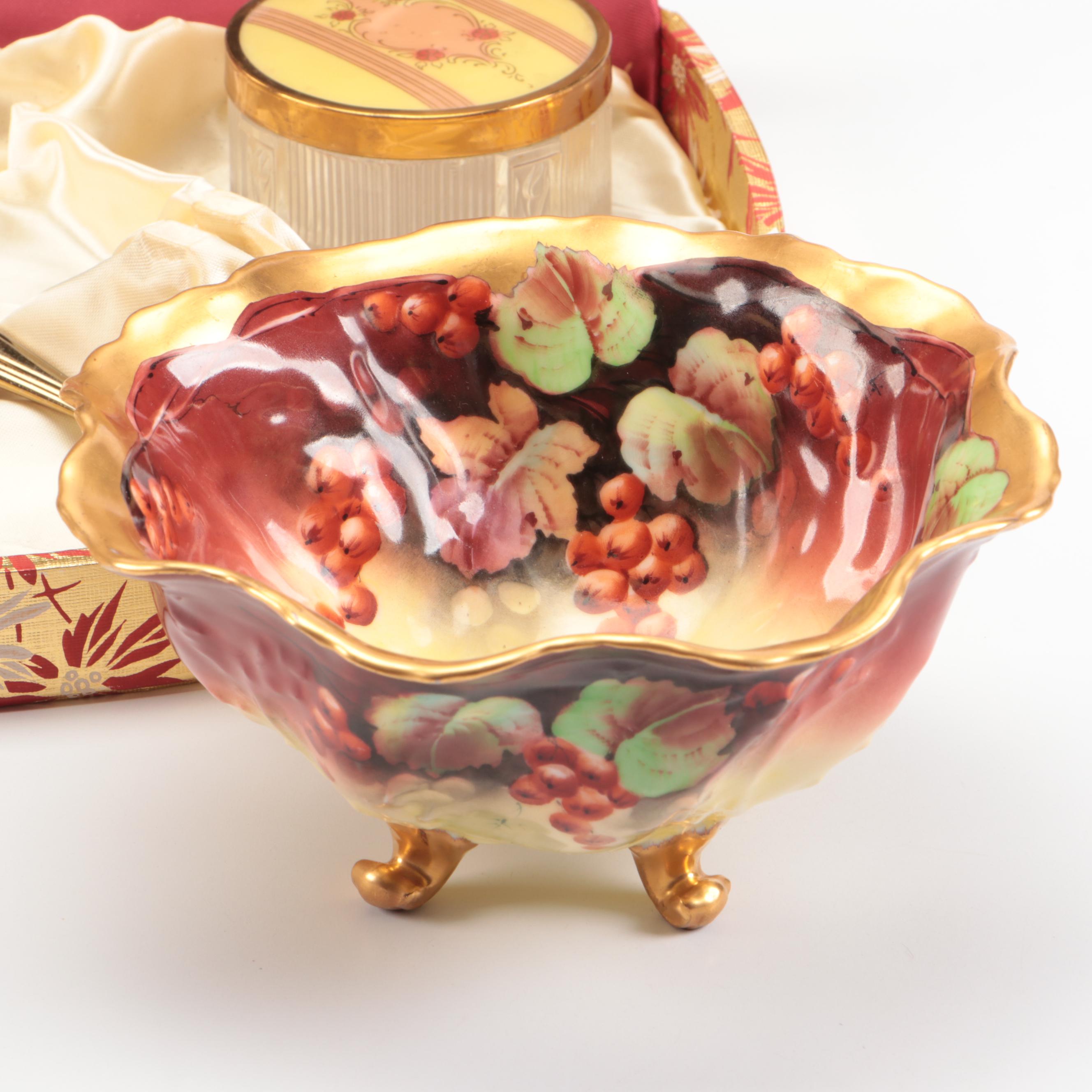 Belleek and Limoges Porcelainware, Gilt Hair Brush, Vanity Boxes and Frames