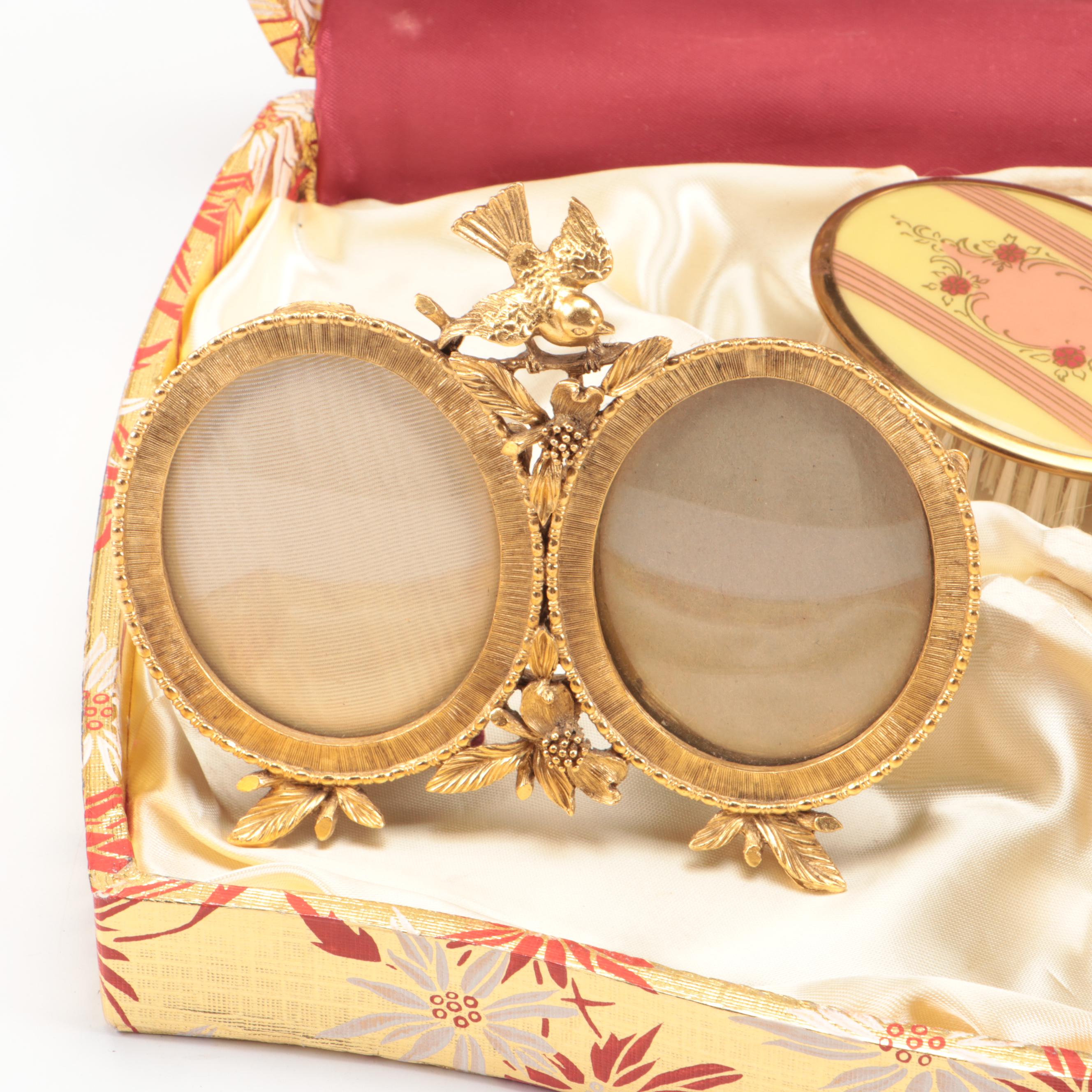 Belleek and Limoges Porcelainware, Gilt Hair Brush, Vanity Boxes and Frames