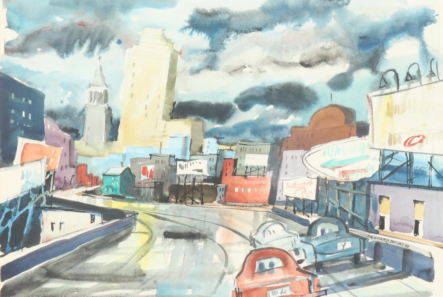 Sanford M. Brooks Watercolor Painting of Downtown Cincinnati, 1969
