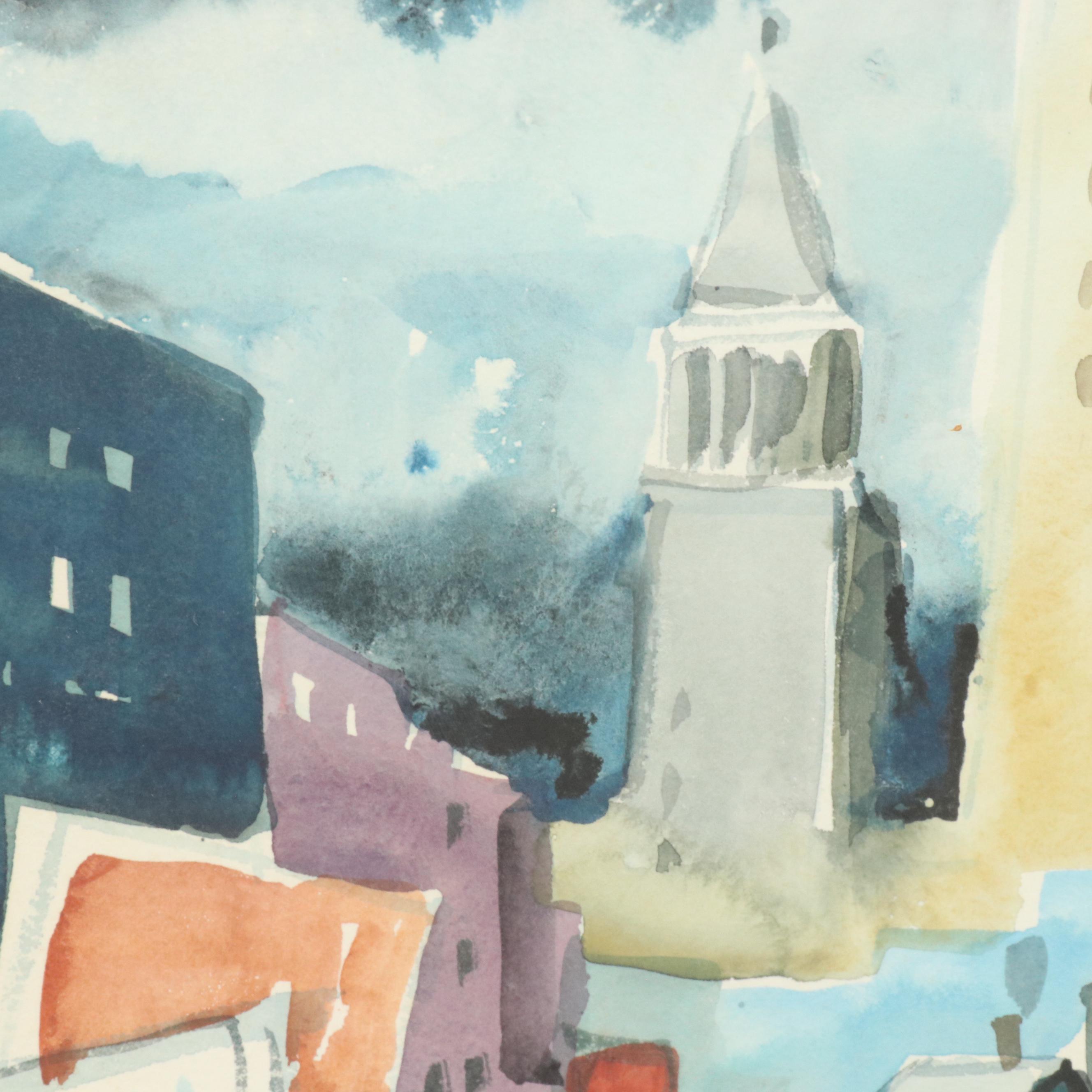 Sanford M. Brooks Watercolor Painting of Downtown Cincinnati, 1969