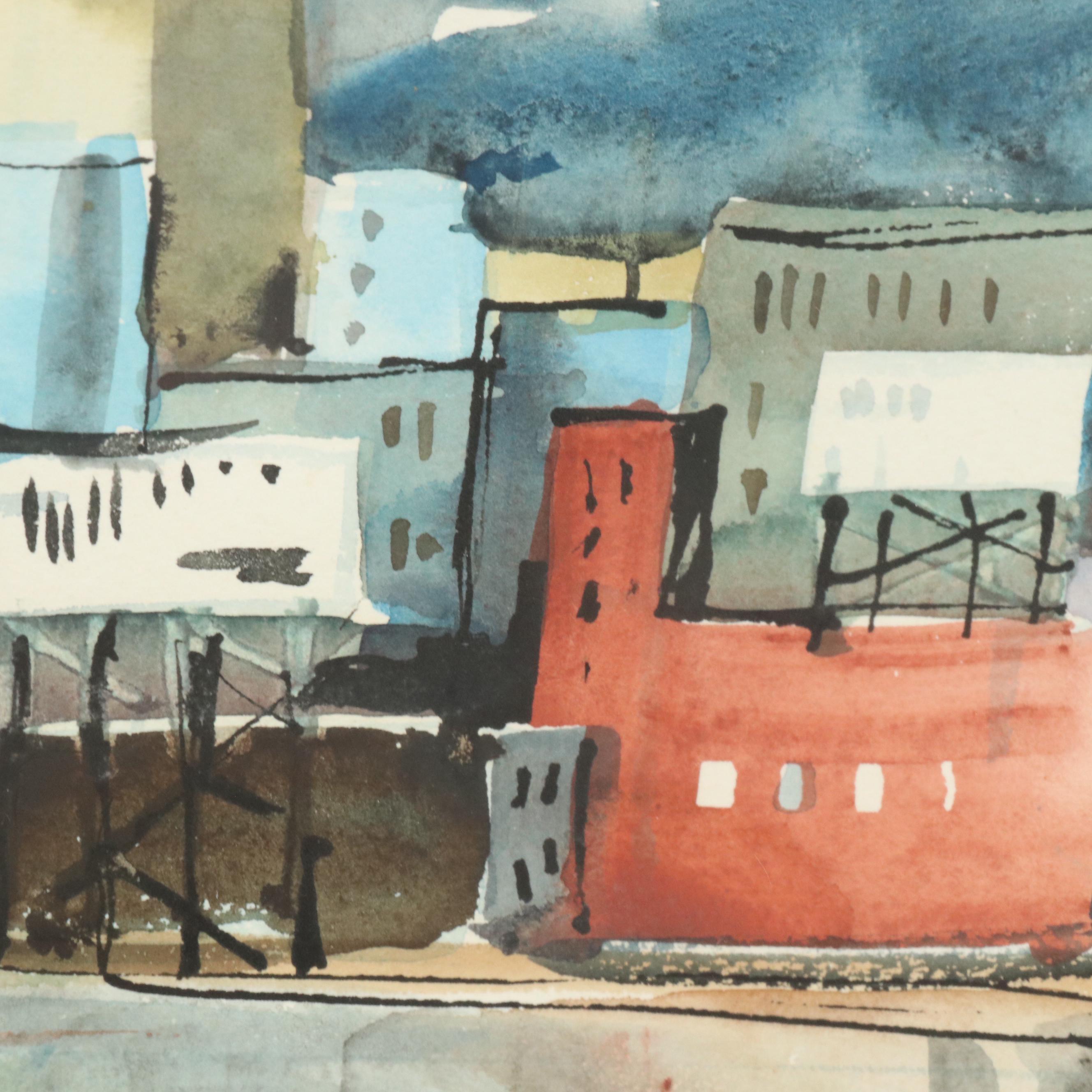Sanford M. Brooks Watercolor Painting of Downtown Cincinnati, 1969