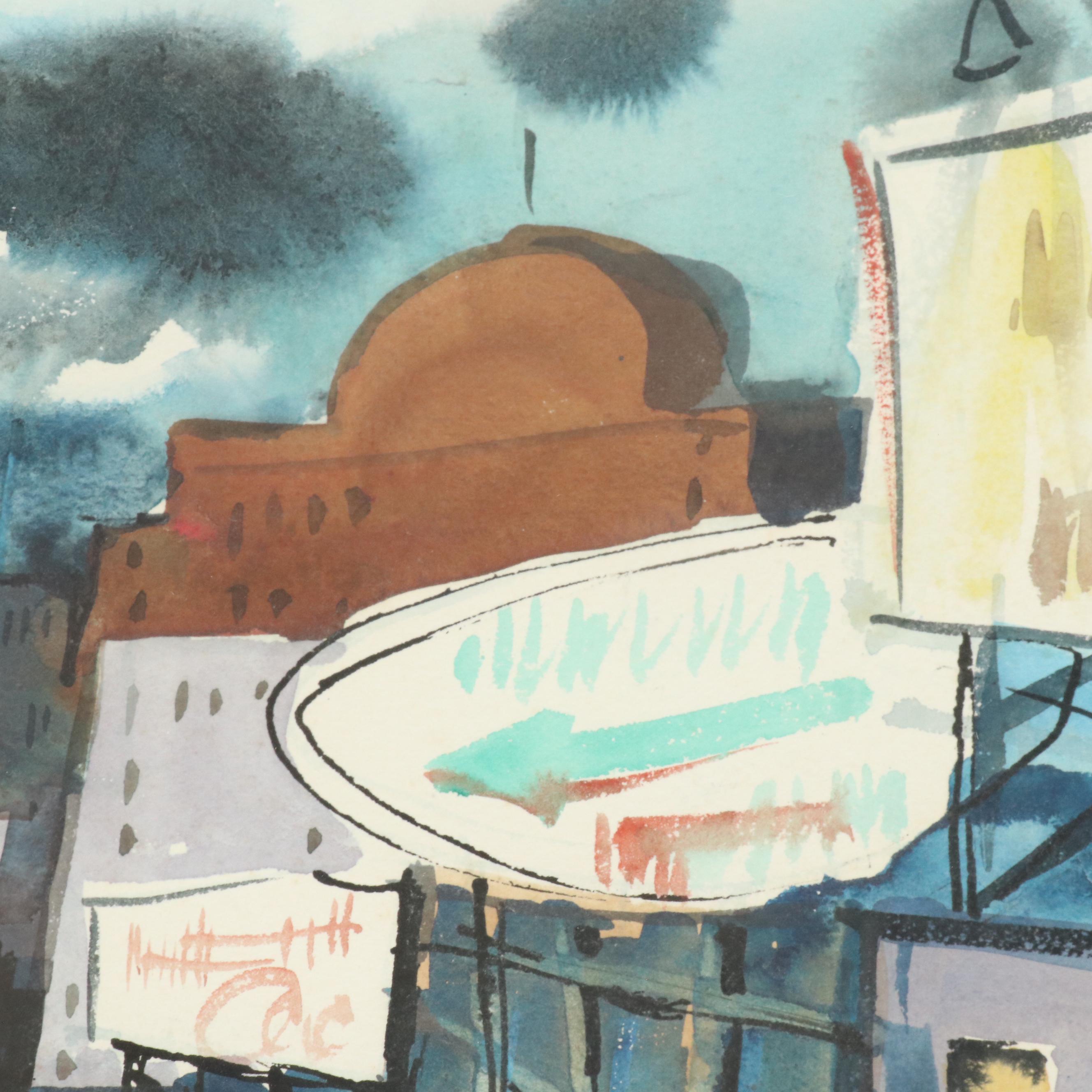 Sanford M. Brooks Watercolor Painting of Downtown Cincinnati, 1969
