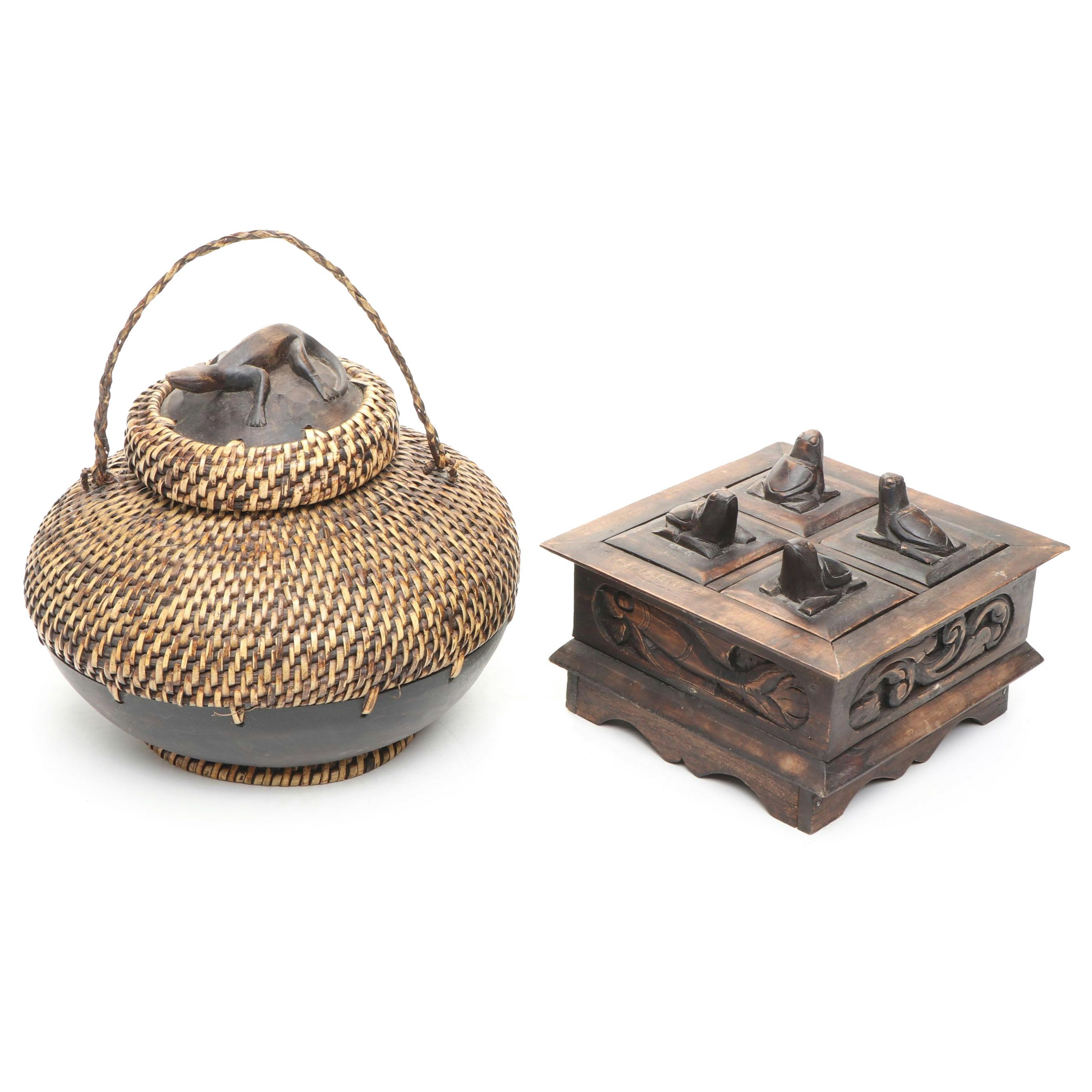 Indonesian Lombok Style Baskets with Carved Wood Four Compartment Box