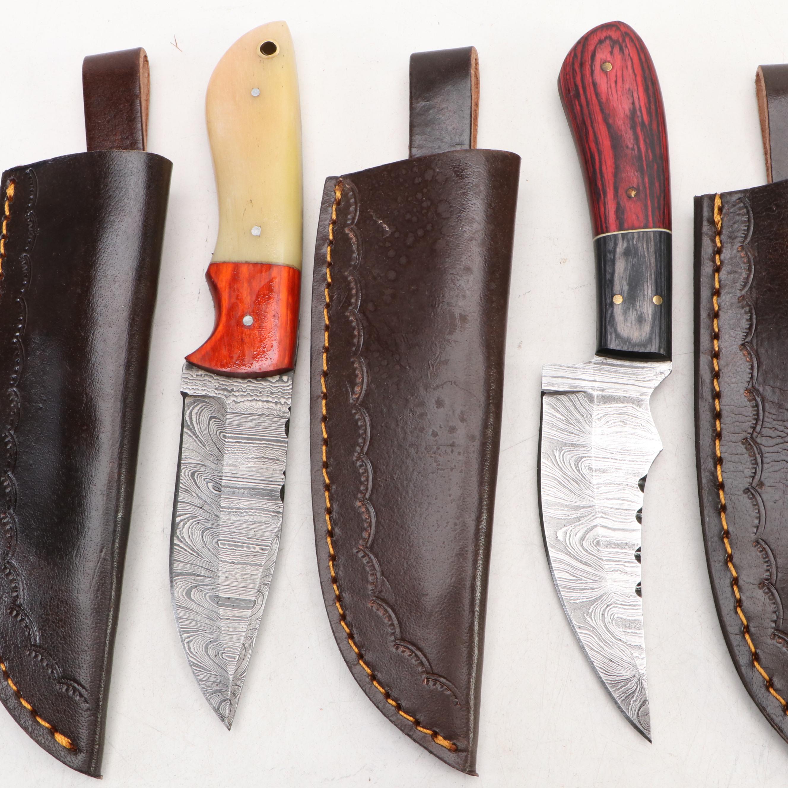Damascus Steel Hunting Knives in Leather Scabbards