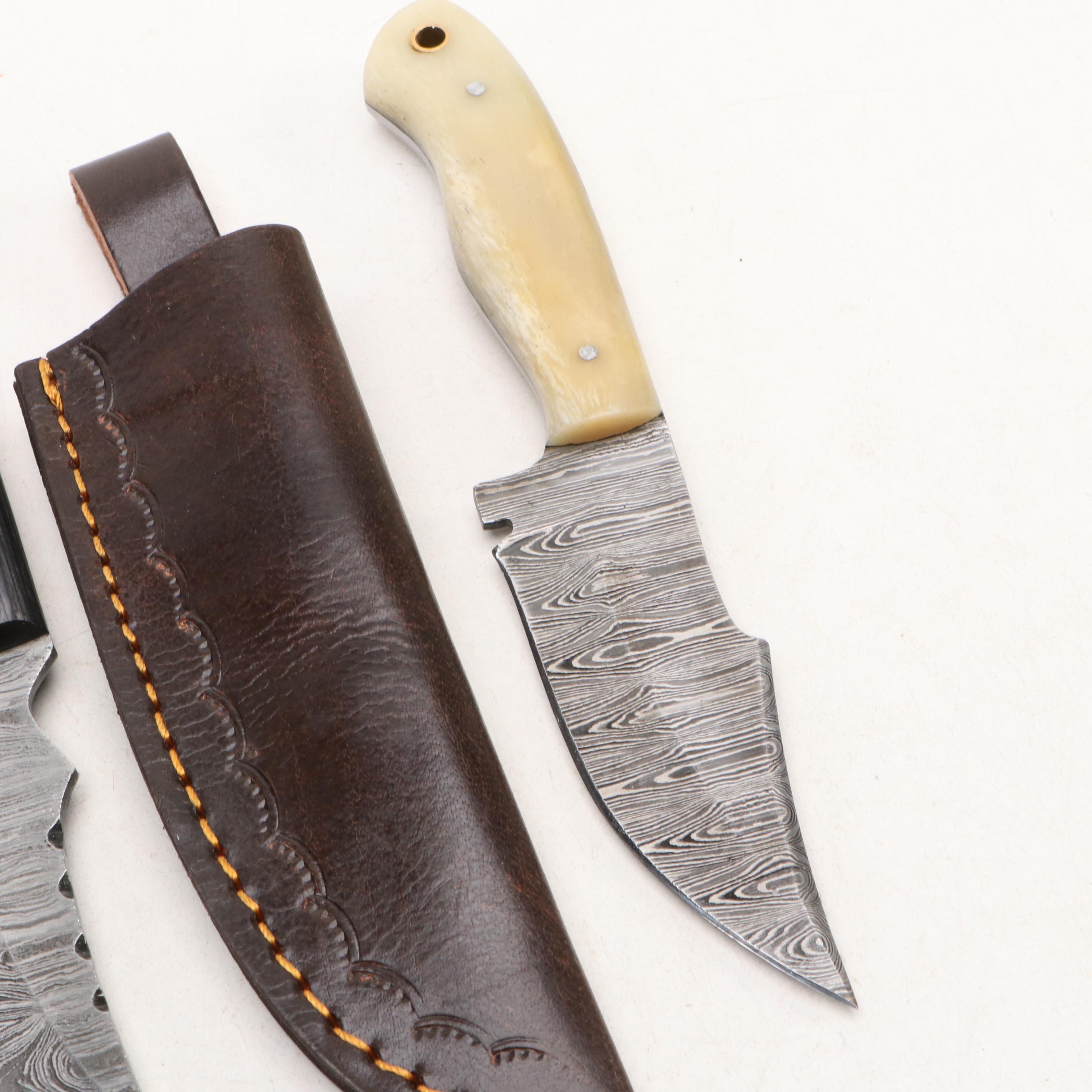 Damascus Steel Hunting Knives in Leather Scabbards
