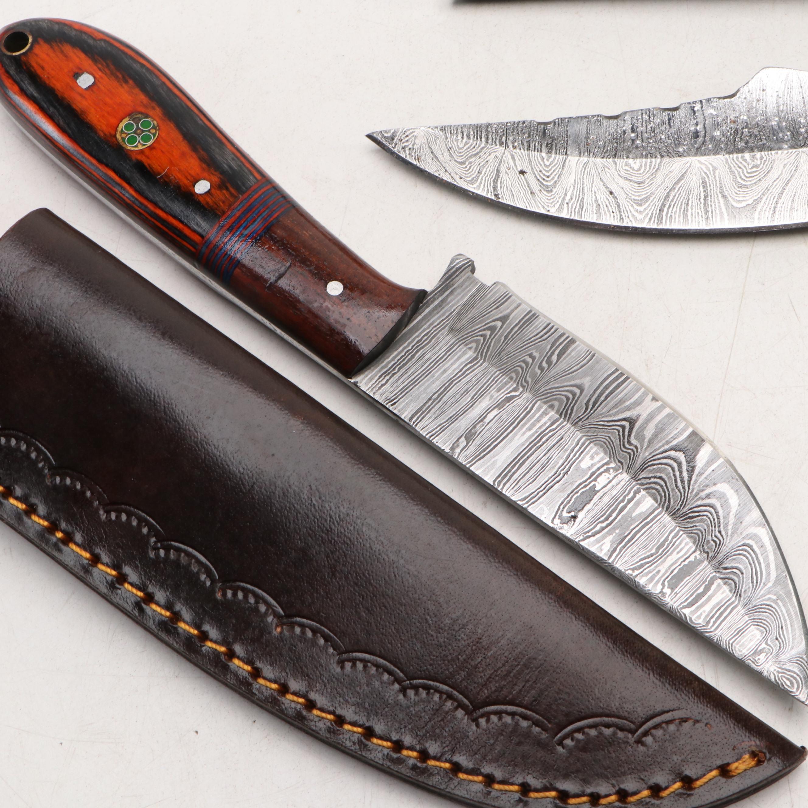 Damascus Steel Hunting Knives in Leather Scabbards