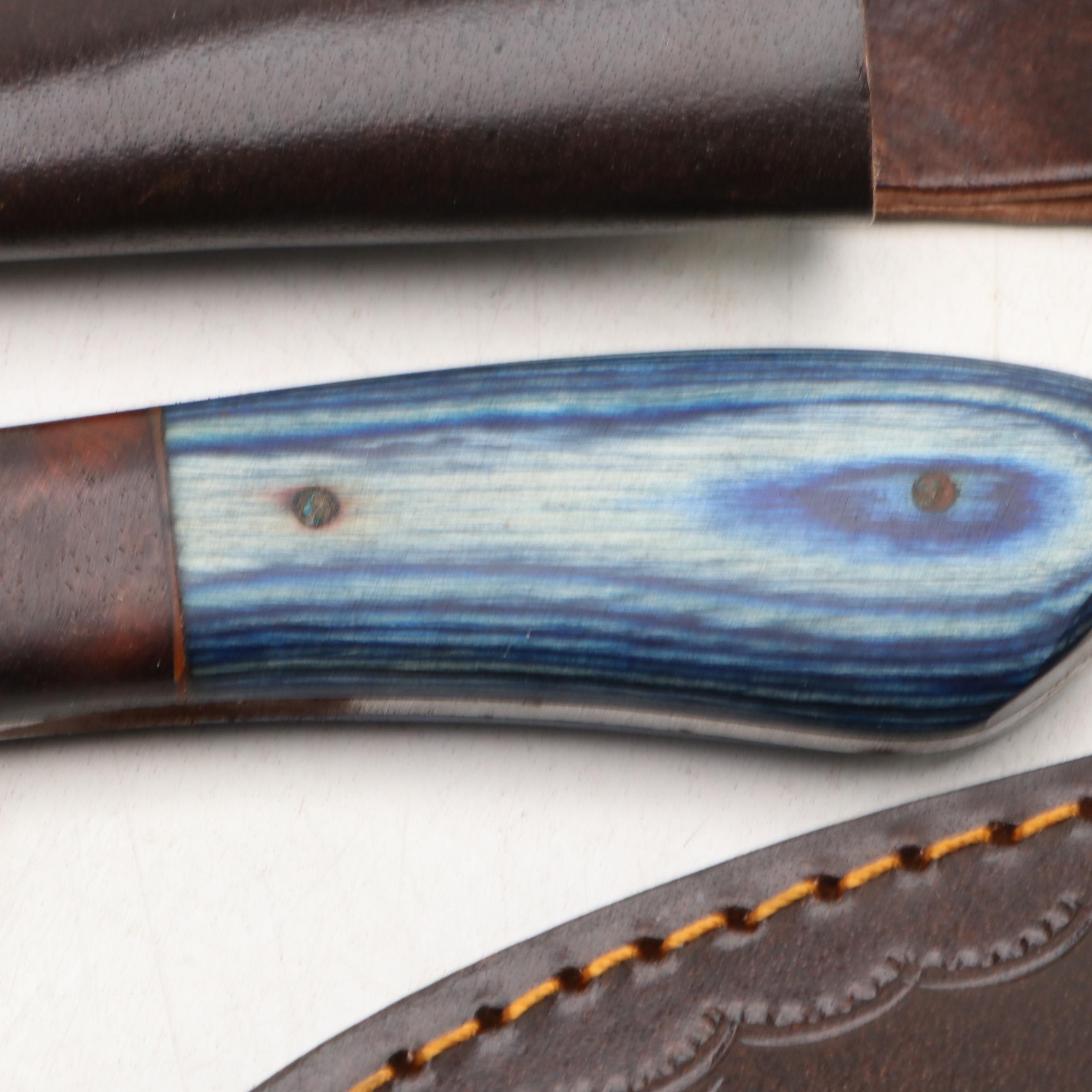 Damascus Steel Hunting Knives in Leather Scabbards