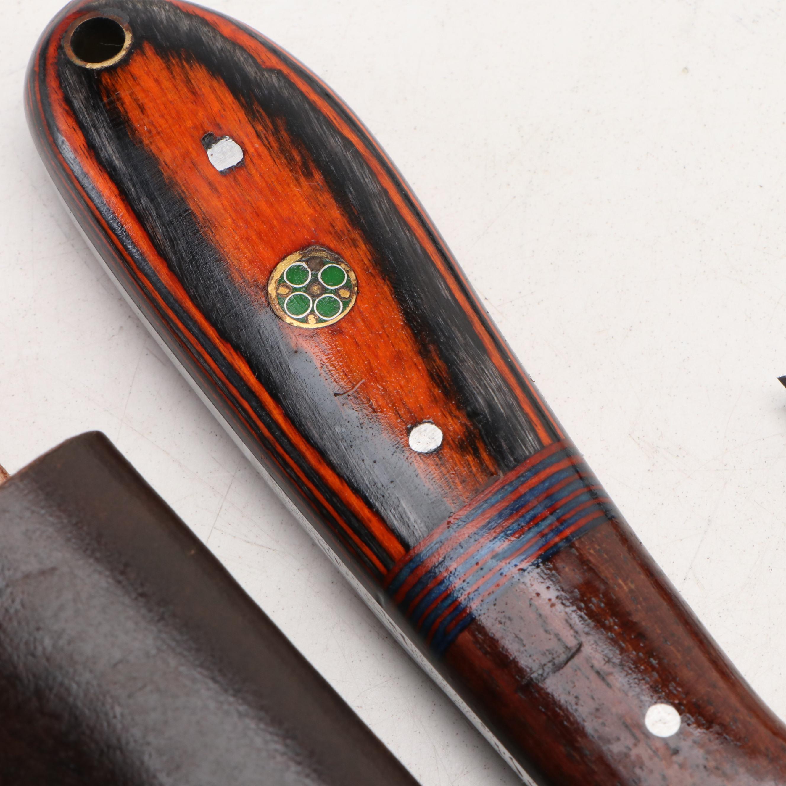 Damascus Steel Hunting Knives in Leather Scabbards