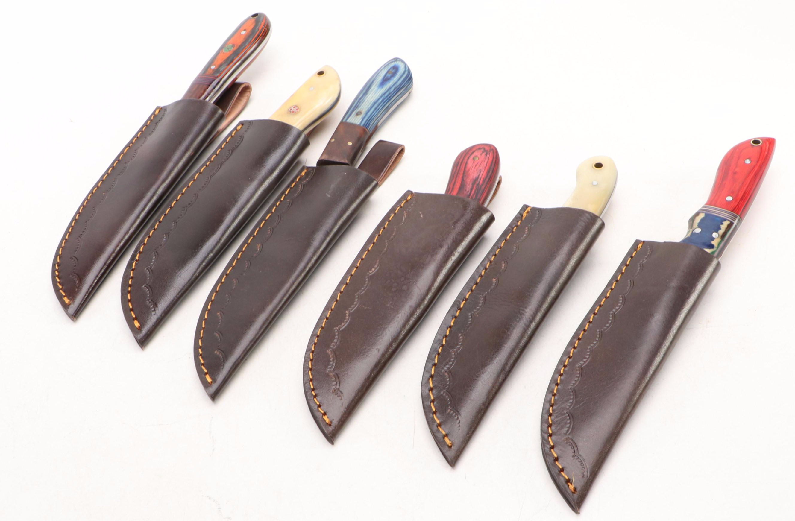 Damascus Steel Hunting Knives in Leather Scabbards